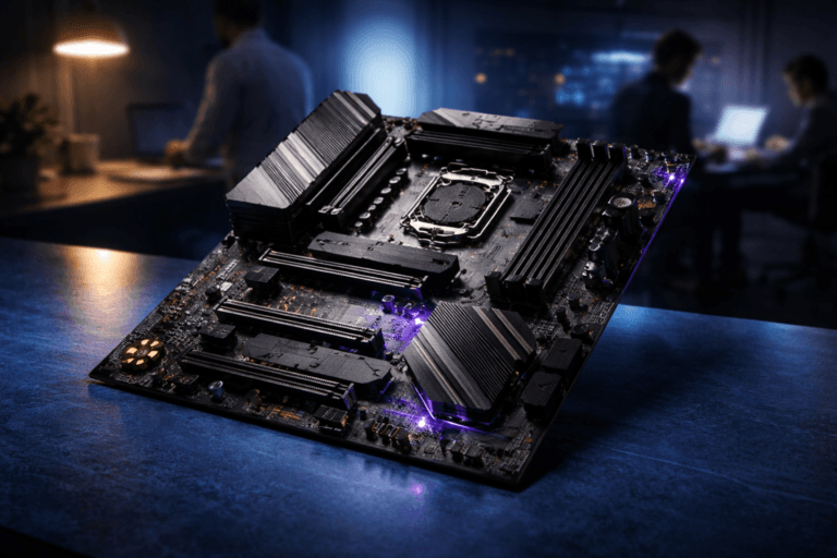 A photorealistic medium-wide cinematic shot, camera positioned approximately 1–2 meters from the subject, capturing a refined, physically plausible full-size ATX motherboard — matte black PCB, clearly visible optimized copper traces, stacked capacitors, heat sinks, M.2 slot and CPU socket — shown in a gentle isometric/top-down 30° tilt so the board reads instantly from 1–2 meters. The motherboard integrates subtle electric-purple accents (#7B63FF) as thin LED trace indicators and tiny status lights along selected copper routes, indicating intelligence/activity without overpowering realism. Set on a polished cobalt‑blue glazed ceramic surface (cobalt-blue tabletop) inside a sleek R&D product studio with a low-key Tech‑Noir mood: minimalist gradient backdrop, muted corporate tones, discreet ambient neon in the distance. Include natural human presence as secondary elements — diverse engineers/designers blurred in the background or periphery, candid and professional, not identifiable. Lighting is low-key and practical: a warm desk lamp (3200K) and a soft integrated white spotlight from above/side gently reveal form, texture and depth; subtle rim light to emphasize copper gleam; restrained purple accent light limited to LEDs and faint reflections. Camera/framing: medium-wide composition, 35mm photographic look, shallow-to-medium depth of field (focus on motherboard center), slight perspective to emphasize components and trace pathways; shot distance ~1.2–1.8 meters, aperture for natural bokeh. Color palette: neutral corporate greys, matte black PCB, warm copper metallics, cobalt-blue ceramic surface, and restrained electric purple #7B63FF accents. Style and render: cinematic photographic realism with subtle Tech‑Noir influence, ultra-detailed textures, premium materials, natural specular reflections, minimal film grain, photoreal 8K. Constraints: no text overlays, no captions, no watermarks, no floating or oversized logos, no surreal or impossible elements — strictly real-world, brand-safe, production-ready.
