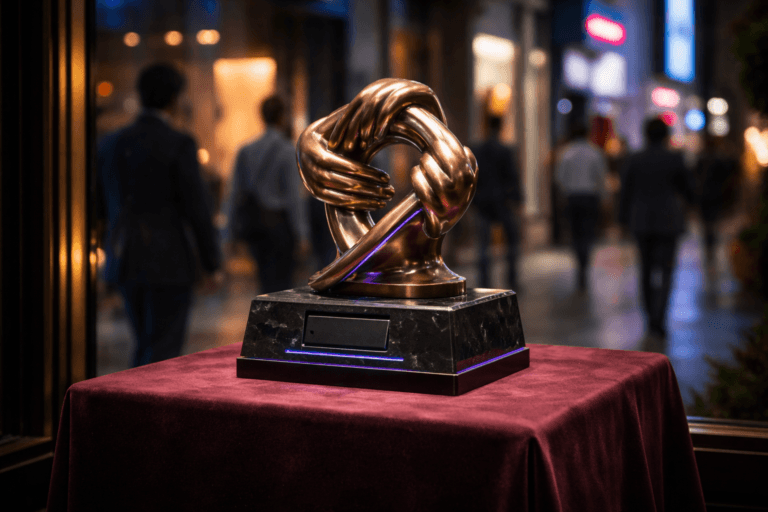 A photorealistic medium-wide cinematic shot, camera positioned approximately 1–2 meters from the subject, capturing a refined, physically plausible referral hero object: a polished bronze "Referral Trophy" — three interlocking hands/chain-links sculpted into a single elegant form, mounted on a heavyweight black marble base with a recessed matte-black card/token slot and a small embedded matte display (no readable text) — clearly readable within a realistic environment. The object integrates subtle electric-purple accents (#7B63FF) via thin recessed LED inlays and delicate edge glows indicating intelligence or activity without overpowering realism. Set in a high-end retail storefront window display at dusk — the sculpture sits on a deep burgundy velvet pedestal inside the window, with controlled neon reflections from an urban street outside and blurred diverse pedestrians and professionals in the background/periphery. Lighting is low-key and practical: warm interior display lamps and cool street neon provide ambient contrast, complemented by a soft integrated white spotlight from above and slightly to the side that gently reveals form, texture, and depth; accurate specular reflections on bronze and polished marble, natural velvet pile shading. Cinematic photographic realism with subtle Tech-Noir influence, natural shallow-to-medium depth of field, 35mm/50mm photographic look, medium-wide framing, slight low-angle to convey presence, f/2.8–f/4, realistic bokeh, ultra-detailed surface textures (bronze patina, brushed metal edges, marble grain, velvet fibers), restrained color palette of charcoal, warm brass, deep burgundy with electric-purple accents and occasional cool cyan highlights, photorealistic render, 8K. Include subtle human presence as secondary elements (out-of-focus, candid, diverse, neutral expressions) to show scale and context. Constraints: no text, no captions, no watermarks, no floating or oversized logos, hyper-real, brand-safe, production-ready.