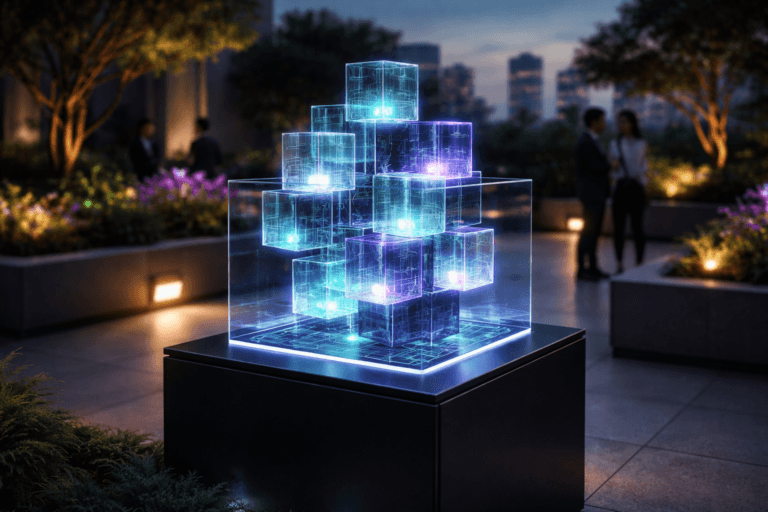 A photorealistic medium-wide cinematic shot, camera positioned approximately 1–2 meters from the subject, capturing a refined real-world hero object: an isometric-inspired sculpture of "data" cubes — a clustered arrangement of polished translucent acrylic modules (6–10 cm each) with internal diffused LED cores in cyan, teal and soft violet, stacked and interlocked in precise geometric formations above a matte-black pedestal/display (appearing as a realistic AR/holographic projection within a clear glass housing). Each cube shows subtle etched circuitry texture and micro-surface imperfections so they read clearly at 1–2 m; the object integrates restrained electric-purple accents (#7B63FF) along select cube edges and reflection highlights to indicate intelligence/activity without overpowering realism. Set in a modern corporate rooftop garden courtyard at dusk, with stylized geometric planters and sculpted, low‑poly–inspired flower beds (bright but believable blooms), a soft city skyline in the distance and a small group of diverse professionals in the background/periphery (candid postures, neutral expressions), secondary to the main object. Lighting is low-key and practical — warm planter uplights, subtle street/garden lamps, and laptop/phone screens in the background — complemented by a soft integrated white spotlight from above-left that gently reveals form, texture and depth and a faint rim/backlight to separate the cubes from the scene. Cinematic photographic realism with a subtle Tech‑Noir influence: neutral corporate palette (charcoal, slate, warm concrete) with restrained neon accents (electric purple #7B63FF, cyan, teal), medium-wide composition slightly off-center on the rule of thirds, camera 35mm equivalent, f/2.8 for shallow-to-medium depth of field, natural bokeh, low atmospheric haze, premium materials (polished acrylic, brushed metal, matte black), ultra-detailed surface rendering, lifelike skin tones for people, realistic shadows and reflections. Constraints: no text, no captions, no watermarks, no floating or oversized logos, no surreal physics beyond believable AR/projection effects. Cinematic realism, natural depth of field, premium materials, ultra-detailed, 8K.
