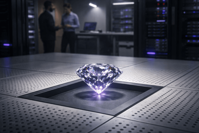 A photorealistic medium-wide cinematic shot, camera positioned approximately 1–2 meters from the subject, capturing a solid, brilliant-cut polished round diamond (real-world "brilliant" cut) presented on a low matte pedestal recessed into a white raised-access technical floor composed of perforated cooling panels, clearly readable within a realistic environment. The object integrates subtle electric-purple accents (#7B63FF) as restrained rim lighting and faint internal reflections within facets to indicate intelligence or activity without overpowering realism. Set in a modern technical lab / server maintenance bay: the white perforated raised floor fills the foreground, dark out-of-focus server racks and engineering benches sit at the periphery, and two diverse technicians in smart-casual attire are visible in the background with neutral, candid postures to provide human scale. Lighting is low-key and practical — a soft integrated white spotlight from above and slightly to the side sculpts form and texture, complemented by practical LED strips and a small task lamp for fill; selective electric-purple LED accents glow subtly from ventilation apertures and panel edges. Composition: slightly elevated ~30° angle to suggest an isometric presentation while retaining natural perspective; 50mm lens look, medium-wide framing, shallow-to-medium depth of field (approx f/2.8–f/4) with natural bokeh on background figures and equipment; crisp contact shadow on the perforated floor, high-detail dispersion and micro-reflections in diamond facets, visible edge sharpness and polished surface. Visual style: cinematic photographic realism with Tech‑Noir influence, neutral corporate palette (whites, greys, graphite, steel) with restrained neon purple accents, premium materials, ultra-detailed, photorealistic, 8K. Constraints: no text, no captions, no watermarks, no floating or oversized glowing elements, commercially usable.
