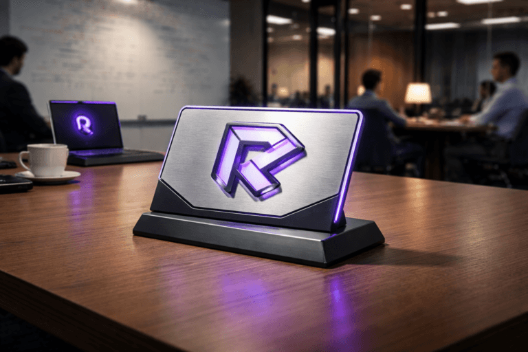 A photorealistic medium-wide cinematic shot, camera positioned approximately 1–2 meters from the subject, capturing a refined real-world hero object: a physical isometric 3D desk plaque of the "Regulamentações" brand logo (15–20 cm), embossed brushed-aluminum face with crisp isometric geometry, matte-black inset base on a weighted angular steel stand, anodized purple enamel inlay and restrained edge LED rim (electric purple #7B63FF) for subtle activity indication, tactile brushed-metal and matte textures, logo fully readable at 1–2 m and realistically integrated (no floating/glowing logo). The object integrates subtle electric-purple accents indicating intelligence or activity without overpowering realism. Set in a modern corporate compliance war-room: glass-walled meeting room with a large glass whiteboard nearby showing faint, erased multicolor notes and diagrams (blurred and non-legible), a wooden conference table with a laptop (background screen subtly showing the same logo), a ceramic coffee cup, and diverse professionals in business-casual attire working in the periphery with candid, neutral expressions. Lighting is low-key and practical — soft warm table lamp, laptop screen glow, and office practicals — complemented by a soft integrated white spotlight from above/side gently revealing form, texture, and depth; restrained neon-purple rim light used only as accent. Camera and framing: medium-wide cinematic composition, 35mm photographic look, shallow-to-medium depth of field (f/2.8–f/4) with natural bokeh, camera height ~1.2 m, eye-level perspective. Color palette: neutral corporate tones (charcoal, slate, warm wood) with restrained electric purple #7B63FF accents and subtle cool teal fill; photorealistic materials, accurate reflections on glass, natural skin tones. Style: cinematic photographic realism with subtle Tech‑Noir influence, ultra-detailed, high fidelity, HDR, filmic color grading, 8K resolution. Constraints: no captions, no text overlays, no watermarks, no legible writing on the whiteboard, logo placement realistic and not dominant.