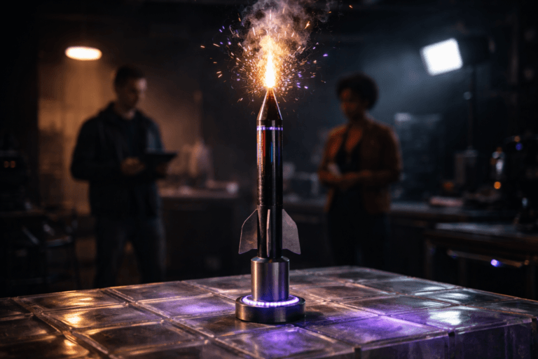 A photorealistic medium-wide cinematic shot, camera positioned approximately 1–2 meters from the subject, capturing a single, physically-realistic consumer firework rocket mounted in a sturdy metal launch tube on a tabletop made of translucent glass bricks, frozen mid-burst with a controlled pyrotechnic burst of multicolored sparks and a short plume of smoke above its tip, clearly readable within a realistic studio environment. The object integrates subtle electric-purple accents (#7B63FF) — a thin LED ring at the launch-tube base and faint purple highlights within the spark cluster and under-glass glow — indicating intelligence or activity without overpowering realism. Set in a low-key Tech‑Noir photography studio: matte black walls, visible translucent glass-brick surface with soft internal lighting, scattered professional gear and two diverse professionals in the background (candid, neutral expressions, softly blurred, one holding a tablet with an unreadable dim screen) positioned in the periphery to provide scale and human context. Lighting is low-key and practical — a warm tungsten practical in the far background, a cool LED panel off to the side, and a soft integrated white spotlight from above-left gently revealing form, texture, and depth; add subtle electric-purple rim light on the edges of the glass bricks to reinforce the accent color. Camera optics: medium-wide 35mm/50mm photographic look, shallow-to-medium depth of field with the rocket and spark burst tack-sharp and background softly defocused, natural bokeh, high-speed freeze-frame realism. Materials and detail: premium metallic launch parts, textured paper fins, realistic spark physics, micro-texture on glass bricks, ultra-detailed smoke and ember particles, photorealistic rendering, safe controlled pyrotechnic presentation. No text, no captions, no logos, no watermarks. Cinematic realism, natural depth of field, premium materials, ultra-detailed, 8K.