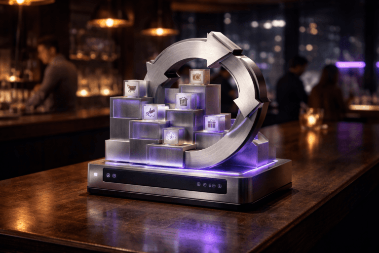 A photorealistic medium-wide cinematic shot, camera positioned approximately 1–2 meters from the subject, capturing a refined real-world hero object: a tactile tabletop sculpture that embodies "Remarketing" — a physically plausible isometric 3D desktop diorama made of interlocking arrow-loops and stacked isometric blocks, crafted from brushed anodized aluminum and layered frosted acrylic panels with tiny photoreal product tiles embedded on the upper tiers; front face includes a small matte-black capacitive status panel (no legible text) and a recessed edge LED strip emitting subtle electric purple (#7B63FF) to indicate activity, all sized and detailed to be instantly readable from 1–2 meters. The object sits on a dark polished wooden bar counter in an upscale urban cocktail bar (Tech‑Noir mood): warm brass pendant lamps and small practical bar lights, a soft purple neon accent in the distance, windowed city-night bokeh beyond, and natural human presence — a bartender and two patrons in the background, candid and out of focus, secondary to the sculpture. Lighting is low-key and practical with a soft integrated white spotlight from above-right gently revealing form, texture, and depth; controlled ambient fills from bar lamps and restrained purple accent highlights on edges. Cinematic photographic realism with subtle Tech‑Noir influence; color palette neutral corporate tones (charcoal, warm wood, muted brass) with restrained electric purple accent (#7B63FF). Camera: 35mm photographic look, medium-wide framing, shallow-to-medium depth of field, natural perspective, premium material rendering, ultra-detailed surface textures (brushed metal, frosted acrylic, polished wood), realistic reflections and soft specular highlights. No captions, no text overlays, no visible brand logos, no watermarks. Photorealistic, 8K.