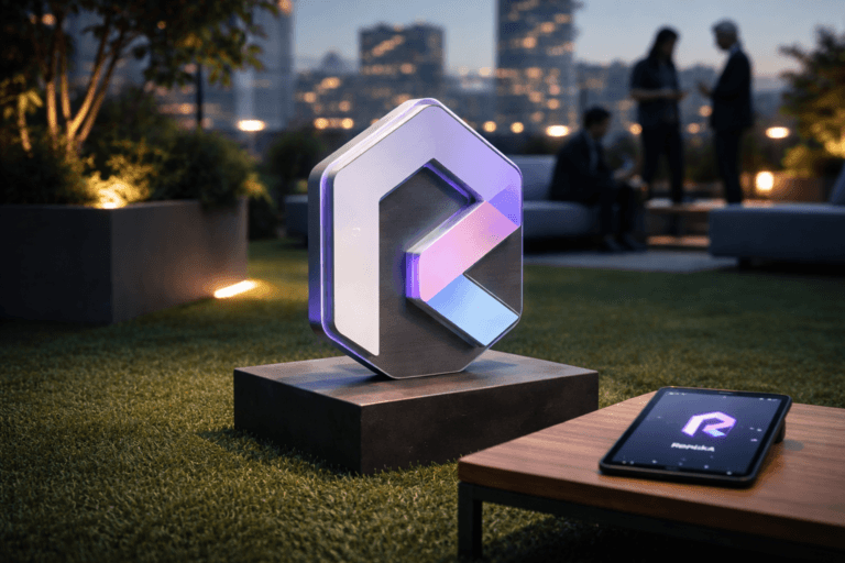 A photorealistic medium-wide cinematic shot, camera positioned approximately 1–2 meters from the subject, capturing a refined, physical 3D isometric Replika logo sculpture (official Replika logo visibly inlaid on the front face) clearly readable within a realistic environment. The hero object is a precision-cut 3D isometric emblem, ~30–40 cm tall, made of frosted acrylic with brushed-aluminum backing mounted on a low matte-black concrete plinth set directly on vibrant, perfectly trimmed synthetic green turf; a nearby tablet on a low teak side table displays the official Replika app UI (logo present on screen) to provide realistic digital placement. The object integrates subtle electric-purple accents (#7B63FF) as thin inlaid edge lighting on the emblem and a restrained UI glow on the tablet, indicating intelligence/activity without overpowering realism. Set in a modern corporate rooftop terrace with synthetic turf, minimalist low lounge furniture, potted planters, glass railing and a distant dusk city skyline — optimized for a Tech‑Noir mood but fully lived-in and believable. Natural human presence in the background/periphery: 2–3 diverse professionals in candid, neutral postures interacting with devices or sitting on benches (secondary to the main object). Lighting is low-key and practical: ambient city and terrace lighting, subtle LED strips, and a soft integrated white spotlight from above/side gently revealing form, texture and depth; reflections and specular highlights are physically plausible (no floating glow). Cinematic photographic realism, 35mm lens look, medium-wide framing, camera ~1.5 meters from subject, shallow-to-medium depth of field with the emblem sharply in focus and background softly defocused, premium materials and ultra-detailed textures (acrylic edge refraction, brushed metal grain, turf fibers, concrete surface). Color palette: neutral corporate tones with restrained electric‑purple accents (#7B63FF). Constraints: photoreal, no captions, no text overlays, no watermarks, no floating or exaggerated glows, logo placement realistic (on object and tablet). Cinematic realism, natural depth of field, premium materials, ultra-detailed, 8K.
