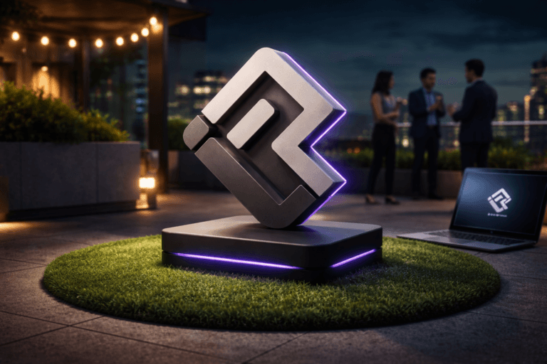 A photorealistic medium-wide cinematic shot, camera positioned approximately 1–2 meters from the subject, capturing a refined real-world hero object: a 3D isometric Replit logo sculpted as a physical emblem (high-quality matte-plastic and brushed-aluminum construction) mounted on a low matte-black metal pedestal embedded in a perfectly trimmed circular patch of vibrant synthetic turf, the official Replit logo clearly visible and realistically integrated on both the emblem and subtly on a nearby laptop screen (logo placement natural, not floating). The object integrates subtle electric-purple accents (#7B63FF) as thin inlay LEDs in the pedestal and soft rim lighting on the emblem, indicating activity without overpowering realism. Set in a modern rooftop innovation lounge at dusk — lived-in, believable environment with glass railings, concrete planters, and soft city bokeh in the background — with 2–3 diverse professionals in business-casual attire in the mid-background, candid and secondary to the main object. Lighting is low-key and practical: warm streetlamp and rooftop string lights, a cool-toned laptop screen glow, and a soft integrated white spotlight from above and to the side that sculpts form and texture on the emblem and turf. Cinematic photographic realism with Tech‑Noir influence, neutral corporate palette (charcoal, soft concrete, natural turf green) with restrained neon accents, natural shallow-to-medium depth of field, 35mm cinematic look, ultra-detailed materials (visible grass fiber texture, subtle fingerprints in matte plastic, fine metal grain), soft realistic reflections, photorealistic skin and fabric rendering for background people, no exaggerated glow or floating effects, no captions or text overlays, no watermarks. Premium materials, natural composition, ultra-detailed, 8K.