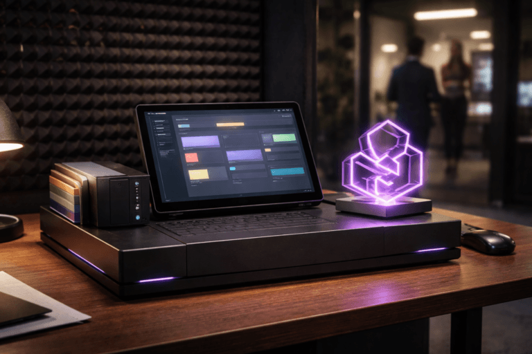 A photorealistic medium-wide cinematic shot, camera positioned approximately 1–2 meters from the subject, capturing a refined real-world hero object: a tactile Research Ops tabletop console — matte-black modular alloy workstation (shoebox-size) with a 13-inch touchscreen tablet showing an abstracted repository dashboard (UI shapes and cards only, no legible text), a compact NAS drive with subtle status LEDs, a neat stack of color-coded physical folder tabs, a small handheld barcode scanner, and a polished acrylic isometric 3D sculpture (solid, physical object) symbolizing Research Ops placed prominently on the console; all elements physically grounded on a low wooden desk and instantly recognizable at a 1–2 meter viewing distance. The object integrates subtle electric-purple accents (#7B63FF) as thin LED trims and a faint internal rim glow inside the acrylic sculpture to indicate intelligence or activity without overpowering realism. Set in a believable Tech‑Noir corporate Research Ops corner: dark charcoal egg‑crate acoustic foam wall (industrial acoustic panels) behind the desk, concrete floor, modest cable management, and a blurred open office corridor beyond with two diverse professionals in the background (neutral expressions, candid postures, secondary to the main object). Lighting is low‑key and practical — tablet screen, a warm desk lamp, and a soft integrated white spotlight from the side/top gently revealing form, texture, and depth; restrained neon purple accents provide mood without color contamination of materials. Cinematic photographic realism, 35mm/50mm look, medium-wide framing, natural shallow-to-medium depth of field, premium materials and tactile surface detail (brushed metal, matte plastic, polished acrylic), subtle film grain, ultra-detailed, 8K. Photorealistic, no surreal elements, no floating objects. Constraints: no visible text or captions on surfaces, no text overlays, no watermarks, no identifiable real people, logo-free unless provided, brand-safe composition.