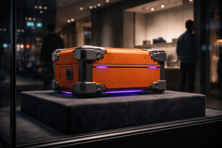 A photorealistic medium-wide cinematic shot, camera positioned approximately 1–2 meters from the subject, capturing a rugged aircraft flight-data recorder — the high-visibility safety-orange "black box" as the single dominant hero object — physically plausible, sealed and reinforced with visible mounting brackets, machined fasteners and an inspection panel (no legible text or labels) — clearly readable within a realistic environment. The object integrates subtle electric-purple accents (#7B63FF) as narrow recessed status LEDs along a seam and a faint rim glow on the pedestal, indicating intelligence/activity without overpowering realism. Set in an upscale tech retail storefront window display at dusk/night: the recorder sits centered on a low deep-charcoal velvet pedestal behind tempered display glass, with a minimal soft-gradient backdrop and tasteful merchandising negatives; tempered-glass reflections reveal cool urban streetlights and anonymous passersby, and a shop attendant stands in the background slightly out of focus — human figures candid, diverse, and secondary to the object. Lighting is low-key and practical — warm storefront spotlights and cool streetlight reflections balanced by a soft integrated white spotlight from above/side that sculpts form and reveals texture and depth, with restrained electric-purple accents as practical LED light sources. Cinematic photographic realism, 35mm lens look, medium-wide framing, camera ≈1.5 m from subject, aperture f/2.8–f/4 for shallow-to-medium depth of field, natural filmic bokeh, premium materials (matte safety orange composite, brushed aluminum fasteners, rich velvet). Color palette: neutral corporate greys, deep charcoal, subtle navy, with electric-purple accent and restrained neon highlights; high contrast, ultra-detailed surface texture, photorealistic render, 8K. No captions, no text overlays, no visible labels or logos, no watermarks.
