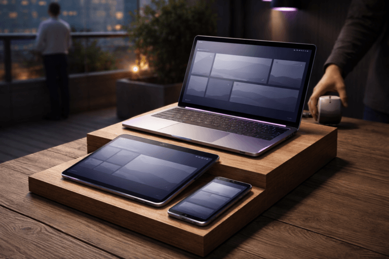 A photorealistic medium-wide cinematic shot, camera positioned approximately 1–2 meters from the subject, capturing a refined real-world hero object: a tactile isometric sculptural set of three true-to-scale device prototypes (smartphone, tablet, laptop) arranged in a stepped isometric layout on a precision-milled oak pedestal placed on a wooden deck. Each device is a polished prototype with anodized aluminum frames, matte glass screens and subtle painted chamfer edges; screens show abstract responsive-layout thumbnails and UI placeholders (no readable text). The devices include subtle electric purple accents (#7B63FF) — thin LED edge strips and tiny status indicators that pulse softly to suggest intelligence, integrated into the hardware without dominating the scene. Set in a modern rooftop wooden-deck terrace in a metropolitan city at early morning: warm low-angle sunlight provides a soft golden fill while the overall scene remains low-key with controlled ambient shadows and faint Tech‑Noir neon reflections from a nearby matte-black smart lamp. Natural human presence in the background/periphery: two diverse professionals, candid and non-identifiable, one leaning on the railing out of focus and another reaching for a coffee cup near the pedestal, secondary to the main object. Lighting is practical and cinematic: soft integrated white spotlight from above at a shallow side angle to gently reveal form, additional subtle rim light to emphasize brushed metal and glass, and minimal purple rim reflections tying into the accent color. Visual style: cinematic photographic realism with subtle Tech‑Noir influence, neutral corporate palette (charcoal, slate, warm oak, soft concrete) with restrained neon accents (electric purple #7B63FF and small cyan highlights). Camera/framing details: medium-wide composition, 35mm photographic look, camera height ~1.2 m, slight top-3/4 angle, shallow-to-medium depth of field (subject sharply readable at 1–2 meters, background softly defocused). Materials and texture: ultra-detailed brushed metal, fingerprint‑resistant matte glass, fine wood grain, realistic dust and micro-scratches, soft specular reflections. Mood: professional, premium, subtly futuristic and believable. Final render: photorealistic, ultra-detailed, 8K. Constraints: no text overlays, no captions, no logos floating or dominating, no watermarks, no identifiable faces, screens may show non-readable UI placeholders only.