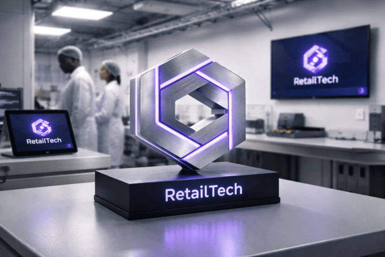 A photorealistic medium-wide cinematic shot, camera positioned approximately 1–2 meters from the subject, capturing a freestanding RetailTech official logo rendered as a tangible 3D isometric sculpture (brushed aluminum and frosted acrylic, precise geometric facets, mounted on a low matte-black pedestal) clearly readable within a realistic environment. The sculpture includes subtle integrated LED insets and edge-lighting in electric purple #7B63FF to indicate active intelligence, plus the same RetailTech logo shown realistically on a nearby tablet screen and a wall monitor (logo placement on real devices only, not floating). Set in a high-end sterile clean room / micro-fulfillment operations lab — matte white walls, stainless-steel counters, packing station equipment, cable trays neatly routed, and a wall-mounted dashboard monitor showing abstract inventory UI in the background. Natural human presence: two diverse staff in cleanroom workwear (neutral expressions, candid posture), positioned in the mid- and background, slightly out of focus to keep the logo dominant and human scale evident. Lighting is controlled and practical: bright white cleanroom ceiling panels for overall exposure, soft integrated white spotlight from the side that sculpts form and texture, practical light sources from tablet and monitor screens, and low-key contrast to preserve a subtle Tech‑Noir mood. Color palette: neutral corporate tones (matte whites, cool greys, brushed metal) with restrained neon accents — electric purple #7B63FF used sparingly on LEDs and small UI elements. Camera: 35mm cinematic photographic look, medium-wide framing, shallow-to-medium depth of field (logo and pedestal razor-sharp, background softly blurred), slight low-angle to convey presence without distortion. Materials and finish: premium, ultra-detailed textures (brushed metal, frosted acrylic, matte paint, soft rubber base). Visual style: cinematic photographic realism with subtle Tech‑Noir influence, natural reflections, realistic soft shadows, and controlled specular highlights. Render photorealistic, ultra-detailed, 8K. Constraints: no text overlays, no captions, no watermarks, no floating or exaggerated glow; logo appears only on physical surfaces and realistic device screens.