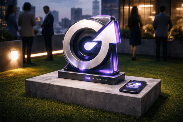 A photorealistic medium-wide cinematic shot, camera positioned approximately 1–2 meters from the subject, capturing a refined real-world hero object: a sculptural 3D isometric "Retargeting" brand logo rendered as a physical emblem (brushed aluminum base, matte-black and satin-white faces, and translucent acrylic facets) mounted on a low concrete plinth sitting directly on the turf; the logo is life-sized and instantly readable at 1–2 meters, with a discreet embedded OLED strip and tiny LED indicators showing subtle electric purple accents (#7B63FF) to indicate intelligence/activity, and a nearby smartphone/tablet on the plinth screen showing the same logo in realistic scale (logo placement natural and not floating). Set in a believable Tech‑Noir corporate rooftop terrace with perfectly manicured, vibrant synthetic grass, low urban parapet, and a distant city skyline at dusk — lived-in environment with a few diverse professionals in the background and periphery (casual professional attire, candid poses, faces slightly soft-focused). Lighting is low-key and practical: warm tungsten terrace lamp and LED strip lights around the plinth, soft integrated white spotlight from above at a 30–45° angle gently revealing form and texture, with restrained neon rim light in electric purple to inject tech-noir mood without overpowering realism. Camera/framing: medium-wide composition, 35mm photographic look, eye-level ~1.2 m, shallow-to-medium depth of field (subject in crisp focus, background softly defocused), natural bokeh, high dynamic range, f/2.8–f/4, subtle filmic grain. Color palette: neutral corporate tones (charcoal, slate, concrete) with vibrant synthetic green turf and restrained electric-purple accents; premium materials and ultra-detailed surface textures (metal grain, acrylic translucency, turf fibers visible). Visual elements: small realistic data-visual metaphors integrated into the plinth (etched circuit lines, a matte QR-like pattern treated as texture — non-readable), no floating logos or exaggerated glows, logo dominates but remains physically grounded. Level of realism: photorealistic, cinematic, high-fidelity material rendering, ultra-detailed micro-texture, 8K. Constraints: no captions, no text overlays, no watermarks, no celebrity or identifiable persons, brand logo placed only on physical surfaces and devices, natural human scale and interaction. Cinematic realism, natural depth of field, premium materials, ultra-detailed, 8K.