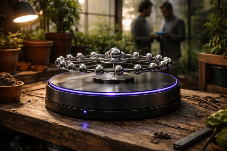 A photorealistic medium-wide cinematic shot, camera positioned approximately 1–2 meters from the subject, capturing a large industrial-grade neodymium disc magnet mounted on a matte-black anodized metal base (≈30–40 cm diameter) as the refined real-world hero object, with a precise orbital array of highly polished chrome steel spheres (ball bearings) appearing suspended by a concealed magnetic-levitation module; the spheres are instantly recognizable at 1–2 m distance, physically plausible, arranged in three shallow orbital tiers and readable as metallic reflections and contact points. The object integrates subtle electric-purple accents (#7B63FF) as thin rim and micro-LED glows on the magnet housing and tiny indicator rings on two spheres to indicate intelligence/activity without overpowering realism. Set in a rustic wooden greenhouse potting bench environment inside a glass greenhouse with lush potted plants and trailing vines, aged wooden workbench, terra-cotta pots, moist soil, and soft condensation on glass panes — a lived-in, believable Tech-Noir workspace with natural human presence (two diverse professionals in business-casual in the background, out of focus, reviewing a tablet at the periphery). Lighting is low-key and practical: a warm adjustable desk lamp at left, a cool under-bench LED strip, soft natural daylight filtered through greenhouse glass, and a soft integrated white spotlight from above-left gently revealing form, texture, and depth; add a restrained electric-purple rim light to emphasize activity. Cinematic photographic realism, 35mm lens equivalent (slight low-angle ~10°), medium-wide framing, camera ~1.5 m from subject, shallow-to-medium depth of field with precise focus on magnet and nearest spheres, natural bokeh on background foliage and people, premium material detail (polished chrome, brushed metal, aged wood, wet soil), ultra-detailed, filmic color grading with neutral corporate tones and restrained neon accents, subtle film grain, 8K. Composition: magnet slightly off-center to the right, leading lines from bench and plant pots draw the eye, geometric arrangement reminiscent of isometric precision but rendered photorealistically. Constraints: no text overlays, no captions, no watermarks, no floating or oversized logos, no surreal or cartoonish effects; ensure all levitation hardware appears concealed and physically plausible.