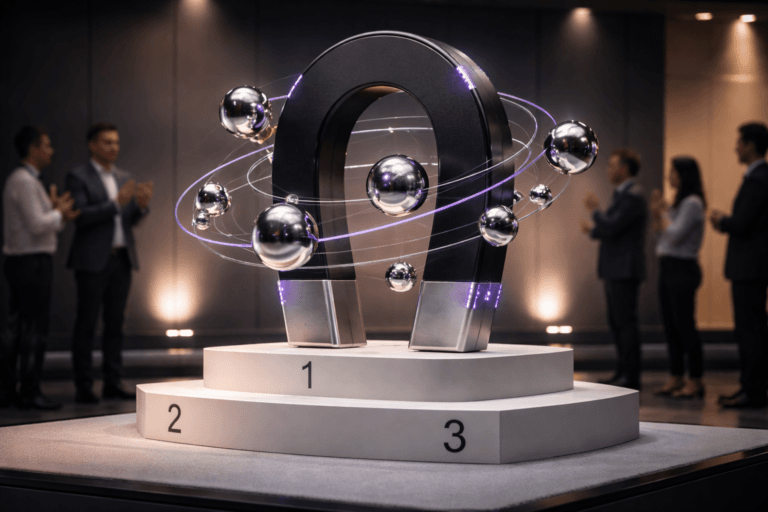 A photorealistic medium-wide cinematic shot, camera positioned approximately 1–2 meters from the subject, capturing a refined real-world hero object: a large sculptural neodymium magnet installation (1.2–1.5 m tall) — polished matte-black horseshoe body with brushed steel end caps — clearly readable and physically plausible, holding and organizing a constellation of mirror-chrome metallic spheres (5–12 spheres, 5–12 cm diameter) arranged in orbital rings and supported by nearly invisible acrylic rods and finely engineered mounts so the composition reads as a real exhibition piece. The magnet and spheres feature subtle electric-purple (#7B63FF) accent glints and micro-LEDs embedded discreetly in seams to indicate intelligent activity without appearing neon or unrealistic. Set on a pristine white three-tier winners’ podium (clearly showing 1st, 2nd, 3rd levels) placed on a modern corporate awards stage / presentation floor with a lived-in Tech‑Noir atmosphere: matte black backwall panels, low LED strip accents, small practical uplights, and muted gradient backdrop transitioning from warm graphite to soft cool gray. Natural human presence in the background and periphery — a diverse group of 4–6 professionals in business-casual clothing, candid posture, neutral expressions, some mid-applause, deliberately out of focus to keep the sculpture dominant and readable from 1–2 meters. Lighting is low-key and practical: soft integrated white spotlight from above slightly to the side, subtle rim lighting from stage LEDs, gentle fill from side screens, and restrained electric-purple highlights on edges to convey intelligence. Camera: 35mm/50mm photographic look, slight low-angle to emphasize presence, medium-wide framing, natural shallow-to-medium depth of field, crisp foreground detail on magnet and nearest spheres, soft bokeh on background people and stage. Materials: premium industrial finishes (matte black, brushed steel, mirror chrome, acrylic supports), visible texture, subtle fingerprints and tool marks for realism. Color palette: neutral corporate tones with restrained electric‑purple accents, no saturated neon. Level of realism: photorealistic cinematic with subtle Tech‑Noir influence. Constraints: no text, no captions, no logos, no watermarks, brand-safe. Cinematic realism, natural depth of field, premium materials, ultra-detailed, 8K.