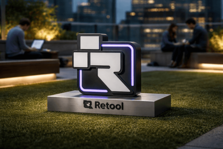 A photorealistic medium-wide cinematic shot, camera positioned approximately 1–2 meters from the subject, capturing a physical 3D isometric Retool logo sculpture (official Retool logo clearly visible on the front face) mounted realistically on a low brushed‑aluminum plinth resting on synthetic turf, sculpture sized to be readable at 1–2 meters (approx. 40–60 cm wide), crafted from premium materials: matte black anodized metal with polished chamfers, frosted acrylic insets, and a thin recessed electric‑purple LED accent (#7B63FF) inside seams to indicate activity—subtle, non-glowing, integrated into the object. The object integrates subtle electric‑purple accents indicating intelligence or activity without overpowering realism. Set in a modern corporate rooftop lounge with perfectly manicured vibrant green synthetic grass, concrete planters, low wooden benches and a glass windscreen overlooking an urban skyline at dusk — optimized real-world Tech‑Noir environment with practical light sources (laptop/tablet screens, LED planter strips, distant building lights). Natural human presence in the background and periphery: 2–3 diverse professionals in business‑casual, candid postures using laptops/tablets, out of focus and secondary to the hero object. Lighting is low‑key and practical, complemented by a soft integrated white spotlight from above at a slight side angle that gently reveals form, texture, and depth, plus restrained cool rim light from the skyline; controlled shadows, subtle reflections on the plinth. Cinematic photographic realism, 35mm or 50mm look, medium‑wide framing, shallow‑to‑medium depth of field with natural bokeh, premium materials, ultra‑detailed surface texture (metal grain, acrylic frost, pile of turf), realistic scale cues (coffee cup and smartphone on nearby bench). Color palette: neutral corporate tones (charcoal, slate, warm concrete) with vivid green turf and restrained electric purple #7B63FF accents. Photorealistic render, high fidelity, 8K. Constraints: no floating or oversized logos, no glowing text, no captions or text overlays, no watermarks, brand‑safe.
