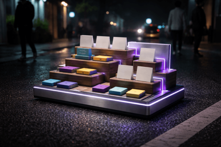 A photorealistic medium-wide cinematic shot, camera positioned approximately 1–2 meters from the subject, capturing a refined real-world hero object: a physically plausible, tabletop 3D sculpture that embodies "Product Retrospectives" — an isometric modular retro board made from brushed aluminum base, matte walnut risers and frosted acrylic panels arranged in stepped, isometric tiers holding removable colored wooden tiles and folded paper cards (no text). The sculpture reads clearly at 1–2 meters, tactile materials, visible grain and edge seams; integrated thin LED edge lighting in subtle Electric Purple (#7B63FF) to indicate activity, with small secondary cyan accents on select tiles. Set on a dark asphalt street surface with crisp white road markings (urban tech-noir roadside scene at night), a slightly wet sheen on the asphalt for reflective mood, low-key practical lighting from a nearby streetlamp and a dim smartphone screen in the midground; a soft integrated white spotlight from above at a 30° side angle gently reveals form, texture, and depth. Two professional, diverse people in the background/periphery (blurred, candid posture, neutral expressions) provide scale without drawing focus; no identifiable faces, no logos, no text. Visual style: cinematic photographic realism with subtle Tech-Noir influence, neutral corporate palette (charcoal, walnut, brushed metal) with restrained neon accents (electric purple primary), shallow-to-medium depth of field, 35mm/50mm photographic look, aperture ~f/2.8 for natural bokeh, natural filmic grain, premium materials, ultra-detailed surface textures (wood grain, brushed metal, frosted acrylic, wet asphalt), realistic shadows and specular highlights, cinematic composition, high contrast low-key scene, ultra-detailed, 8K. No captions, no text overlays, no watermarks.
