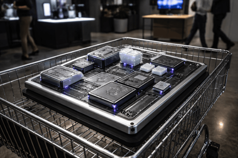 A photorealistic medium-wide cinematic shot, camera positioned approximately 1–2 meters from the subject, capturing a refined real-world hero object: a tangible 3D isometric technical blueprint model — a modular tabletop system model (approx. 50 x 40 cm) built from brushed anodized aluminum frames, matte black laser-cut acrylic plates, and frosted translucent acrylic modules with engraved circuit-style channels and removable stackable blocks, all mounted on a low-profile matte base and resting naturally inside the basket of a chrome wire shopping cart; every module instantly readable at 1–2 m distance, clear physical connectors and labels rendered as engraved tactile marks (no floating or ambiguous elements). The object integrates subtle electric-purple accents (#7B63FF) — recessed LED trim and tiny status LEDs indicating activity — applied sparingly to joints and interface ports to suggest intelligence without overpowering realism. Set in a modern tech-retail pilot lab / corporate innovation showroom (optimized Tech‑Noir environment): polished concrete floor, industrial shelving and demo kiosks, a few muted digital displays in the mid-background, and soft product staging elements; the chrome cart is slightly off-center in the foreground on a subtle floor reflection. Natural human presence in the background/periphery: two diverse professionals in business-casual attire (one checking a tablet, one walking past), candid postures, faces non-identifiable and secondary to the object. Lighting is low-key and practical — overhead track lights, a couple of background practical screens, and a soft integrated white spotlight from above and slightly to the side (45°) that sculpts form, texture and depth; subtle rim light and controlled specular highlights on aluminum and chrome, with restrained electric-purple rim accents to reinforce mood. Visual style: cinematic photographic realism with subtle Tech‑Noir influence, neutral corporate color palette (charcoal, slate, warm gray, soft beige) with restrained neon accents (primary accent Electric Purple #7B63FF), natural shallow-to-medium depth of field, premium material rendering (brushed metal grain, fine acrylic diffusion, realistic dust and fingerprints at macro scale), ultra-detailed surface microtexture and crisp edge definition. Camera: 35mm photographic look, medium-wide framing, shallow-to-medium DoF focused on the modular model, photorealistic render, 8K detail, natural filmic grain, realistic bokeh. Constraints: no text on surfaces, no captions, no logos or brand emblems, no watermarks, no floating or surreal elements, photorealistic and physically plausible composition suitable for corporate marketing.