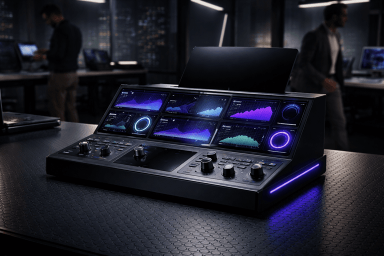 A photorealistic medium-wide cinematic shot, camera positioned approximately 1–2 meters from the subject, capturing a refined real-world hero object: a physical revenue‑intelligence control console — a compact, freestanding desktop console constructed from matte black anodized aluminum and smoked glass, with an array of modular mini‑OLED screens (abstract graphs only, no legible text), circular LED ring indicators, tactile backlit buttons, precision metal haptic knobs, and a recessed laptop dock; the console is sized and detailed to be instantly readable from 1–2 meters. The object integrates subtle electric‑purple accents (#7B63FF) as restrained edge lighting and LED glows to indicate activity without overpowering realism. Set in a modern Tech‑Noir revenue operations war room: low-profile standing desks, glass partition, low ambient ceiling, subdued city‑night visible through a distant window, and an industrial black coin‑pattern anti‑slip rubber floor (piso moeda). Natural human presence in the background/periphery: two diverse professionals in business‑casual attire, candid and neutral expressions — one reviewing a tablet, one walking past — slightly out of focus and secondary to the console. Lighting is low‑key and practical: primary illumination from the console OLEDs and a small adjustable desk lamp, complemented by a soft integrated white spotlight from above/side that gently sculpts form, texture and depth; subtle specular highlights on aluminum and tempered glass. Composition and camera: medium‑wide cinematic framing, 35mm photographic look, camera ≈1.5 meters from subject, shallow‑to‑medium depth of field, console centered with rule‑of‑thirds balance, foreground shows detailed coin‑pattern floor texture. Color palette: neutral corporate tones (charcoal, graphite, steel) with restrained neon accents and the electric purple highlights. Level of realism: photorealistic with a subtle Tech‑Noir mood, ultra‑detailed materials, accurate reflections and shadows, natural human skin tones. Constraints: no captions, no text overlays, no visible brand names or logos, no watermarks, no floating or excessive glow effects. Cinematic realism, natural depth of field, premium materials, ultra‑detailed, 8K.