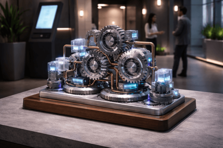 A photorealistic medium-wide cinematic shot, camera positioned approximately 1–2 meters from the subject, capturing a refined real-world hero object: a physical tabletop isometric 3D sculpture representing a "Revenue Operations Framework" — a 40–60 cm polished modular model made of interlocking brushed-aluminum gears, matte frosted-acrylic data blocks, routed copper data pipes, miniature glass indicator screens (no readable text), tiny status LEDs, and a solid walnut base; the object is clearly readable at 1–2 meters and built to look like a plausible corporate desktop prototype. The sculpture integrates subtle electric-purple accents (#7B63FF) as tiny LED nodes and edge trims indicating intelligence/activity without overpowering realism. Set in a modern Tech-Noir self-service kiosk alcove inside a corporate lobby — a sleek voting/registration style kiosk with a touchscreen terminal and glass partition, low-key industrial finishes, a potted plant and soft architectural details; two diverse professionals in business-casual attire occupy the background/periphery, candid and neutral, secondary to the model. Lighting is low-key and practical: warm overhead downlights, the kiosk touchscreen glow, embedded LED strips, and a soft integrated white spotlight from above and slightly to the side gently revealing form, texture, and depth; subtle specular highlights on metal and soft subsurface glow on acrylic. Cinematic photographic realism, 35mm/50mm look (choose 35mm for wider context), medium-wide framing, camera slightly elevated to preserve an isometric appearance, natural shallow-to-medium depth of field with the sculpture sharply in focus and the kiosk and people gently blurred, premium materials and tactile textures, realistic wear and reflections, restrained neutral corporate palette (graphite, brushed aluminum, walnut, soft greys) with controlled neon accents (electric purple #7B63FF, small cyan highlights). Photorealistic, ultra-detailed, production-ready, 8K. Constraints: no captions, no readable text, no logos, no watermarks, no floating or surreal elements, no identifiable real people.