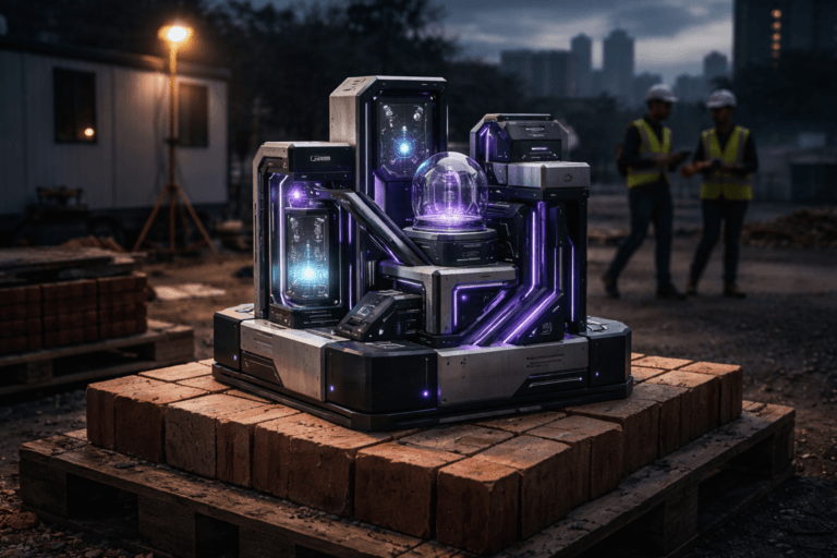 A photorealistic medium-wide cinematic shot, camera positioned approximately 1–2 meters from the subject, capturing a refined real-world hero object: a physical 3D isometric-inspired desktop sculpture that concretely represents "Revenue Ops" — a modular operations hub made from brushed aluminum, matte black polymer, and tempered glass, composed of interlocking geometric blocks (CRM, ETL, Orchestrator, AI implied by form, no text) with visible seams, bolted joints, cable channels, small status LEDs and a recessed glass panel. The sculpture reads clearly at 1–2 meters, ~30–45 cm tall, with subtle electric-purple accents (electric purple #7B63FF) along inner seams and micro-LEDs to indicate intelligence/activity without overpowering realism. Set in a believable Tech-Noir real-world environment: a staged urban construction lot at dusk — the sculpture placed on a neat stack of red clay construction bricks on a wooden pallet, light dust and mortar flecks on the bricks, portable site lamp and a parked mobile site office trailer in the mid-ground, faint city skyline and industrial silhouettes beyond. Natural human presence in the background/periphery: two diverse construction/operations professionals in hi‑vis vests and hard hats, candid posture, consulting a tablet and walking past (out of focus, secondary to the sculpture). Lighting is low-key and practical — warm amber site lamp and tablet screen provide rim and fill, complemented by a soft integrated white spotlight from above/side gently revealing form, texture, and depth; controlled subtle purple rim-lighting echoes the #7B63FF accents. Cinematic photographic realism with isometric-inspired geometry, 35mm/50mm cinematic lens look, medium-wide framing, natural shallow-to-medium depth of field, premium material detail (metal grain, glass reflections, dust, micro-scratches), ultra-detailed, photorealistic, 8K. No captions, no text overlays, no watermarks.
