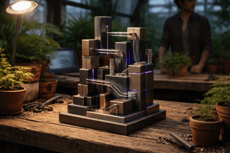 A photorealistic medium-wide cinematic shot, camera positioned approximately 1–2 meters from the subject, capturing a refined, physically plausible desk sculpture that embodies "Revenue Streams" — a modular isometric-inspired tabletop sculpture (~30–40 cm tall) composed of stacked geometric blocks and stepped planes in brushed brass and matte black, interconnected clear glass channels carrying small metallic beads (symbolic transactions), short coin-stack cylinders, and matte-anodized panels in muted corporate colors; the design reads instantly at 1–2 meters, tactile materials, visible seams and machining details, with subtle integrated electric-purple (#7B63FF) LED inlays and fiber-optic accents indicating activity (very restrained, non‑glowing). The object sits on a worn rustic wooden greenhouse potting bench inside an urban glass greenhouse, surrounded by potted ferns, succulents, terracotta pots, gardening tools and a small laptop showing a faint dashboard glow in the background — a lived-in professional workspace that blends natural texture with Tech‑Noir mood. Natural human presence: one professional (diverse, non-identifiable, neutral expression) standing in the midground slightly out of focus, hands resting on the bench, secondary to the sculpture. Lighting: low-key and cinematic with practical sources — warm overhead grow-lights and a side practical task lamp, complemented by a soft integrated white spotlight from above/side gently sculpting form and texture; electric purple accents are subtle and integrated into the object only. Visual style: cinematic photographic realism with subtle Tech‑Noir influence, shallow-to-medium depth of field, filmic contrast, ultra-detailed surface microtexture (brass patina, wood grain, glass clarity), natural reflections and soft subsurface scattering on plants. Camera and framing: medium-wide 35mm/50mm photographic look, camera height ~ chest level, composition centers the sculpture slightly left of center with negative space to show greenhouse context, hand-level foreground detail. Color palette: neutral corporate tones (charcoal, warm wood, brushed brass, terracotta) with restrained neon accents (primary accent Electric Purple #7B63FF, secondary cool teal highlights). Level of realism: photorealistic, premium materials, hyper-detailed, natural imperfections, 8K. Constraints: no text, no captions, no watermarks, no floating or dominant logos, no surreal or impossible physics; keep human faces non-identifiable and background elements natural and proportionally scaled. Cinematic realism, natural depth of field, premium materials, ultra-detailed, 8K.
