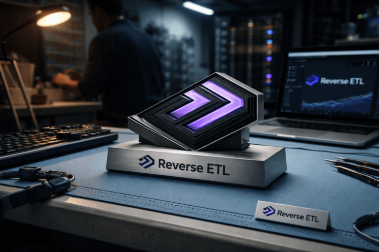A photorealistic medium-wide cinematic shot, camera positioned approximately 1–2 meters from the subject, capturing a physical 3D-isometric "Reverse ETL" brand logo sculpture — precision CNC-machined brushed aluminum base with stacked matte black acrylic isometric layers forming the mark, size ~25–35 cm wide so the logo is clearly readable at 1–2 m, subtle recessed edge-lighting inside the acrylic in Electric Purple #7B63FF at very low intensity (no floating glow), realistic engraved wordmark on the aluminum face and the same official logo visible on a nearby laptop screen and a small printed bench label for believable placement. The object integrates subtle electric-purple accents indicating intelligence or activity without overpowering realism. Set on a light-blue anti-static hardware lab bench in a modern hardware test lab — visible, well-organized items: anti-static mat, ESD wrist strap clipped to the bench edge, precision screwdrivers, a tray with a circuit board, a MacBook-style laptop displaying an analytics dashboard with the logo, and a blurred diverse technician in the background working at a rack — all arranged to feel lived-in and credible while preserving a Tech-Noir mood. Lighting is low-key and practical: cool ambient overhead fixtures, a warm adjustable task lamp from the side, and a soft integrated white spotlight from above (slightly left) to gently reveal form, texture, and depth, with restrained electric-purple rim accent on the sculpture edges. Camera and framing: 35mm cinematic photographic look, medium-wide shot, camera at bench height (~40–50 cm), slight isometric angle emphasizing the logo’s layered geometry, natural shallow-to-medium depth of field to keep the logo sharp and background human activity softly blurred. Materials: brushed aluminum, matte acrylic, anti-static rubber, subtle anodized finishes, ultra-detailed photorealistic textures, cinematic realism, premium materials, 8K. No captions, no text overlays, no watermarks.