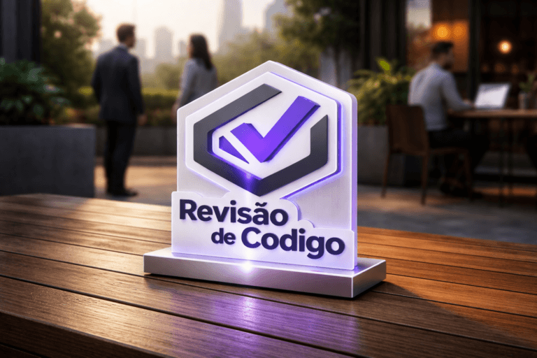A photorealistic medium-wide cinematic shot, camera positioned approximately 1–2 meters from the subject, capturing a freestanding physical 3D isometric acrylic sculpture of the "Revisão de Código" brand logo (official logo applied realistically to the surface, polished frosted-acrylic with a thin brushed-aluminum base), clearly readable within a realistic environment. The sculpture is laptop-sized (~30x20 cm) sitting on a varnished teak deck table on an outdoor wooden deck terrace of a modern tech office in the early morning sunlight, with a faint city skyline and planter boxes softly out of focus in the background. The object integrates subtle electric-purple accents (#7B63FF) as a thin internal LED rim-light and delicate reflected glow on the base indicating intelligence/activity without overpowering realism. Set in an optimized real-world Tech‑Noir environment: outdoor wooden deck terrace at morning golden hour, controlled low-key ambient exposure, practical light sources (sunlight, a nearby table lamp, a laptop screen), and a soft integrated white spotlight from above/side gently revealing form, texture, and depth. Include natural human presence: two to three diverse professionals in business-casual attire in the mid-background, candid posture, neutral expressions, blurred by shallow-to-medium depth of field so they remain secondary to the logo. Lighting is cinematic and low-key with warm sun highlights, subtle cool shadows, and restrained neon accent. Camera characteristics: 35mm–50mm photographic look, medium-wide framing, slightly low angle (10–15°) to emphasize isometric geometry, natural shallow-to-medium depth of field, crisp focus on the logo with soft bokeh background. Materials: premium frosted acrylic, brushed aluminum, varnished teak wood, matte concrete; show ultra-detailed surface textures and micro-details (fine dust, tiny fingerprints on metal edges). Photorealistic, high dynamic range, cinematic color grading with neutral corporate tones and controlled electric-purple highlights. No text overlays, no captions, no watermarks. Cinematic realism, natural depth of field, premium materials, ultra-detailed, 8K.