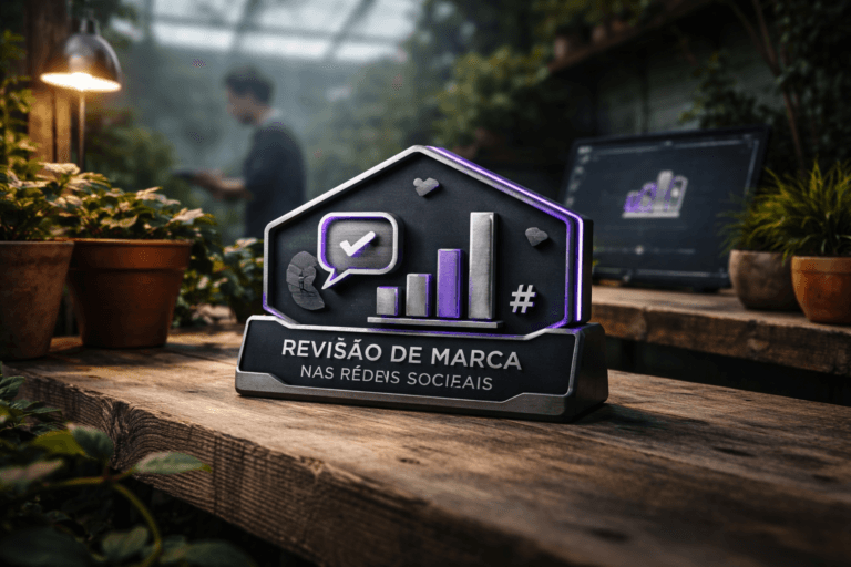 A photorealistic medium-wide cinematic shot, camera positioned approximately 1–2 meters from the subject, capturing a refined real-world hero object: a physical 3D isometric desktop plaque of the "Revisão de Marca nas Redes Sociais" logo (official logo realized as a tangible object) — 12–18 cm wide, precision-machined layered construction with matte-black acrylic and brushed aluminum faces, isometric geometry translated into real depth, low-relief inlay icons (speech bubble, chart, hashtag) integrated into the surface for visual metaphor, engraved brand mark clearly readable at 1–2 meters; the plaque sits naturally on a rustic wooden greenhouse bench among small clay pots. The object integrates subtle electric-purple accents (#7B63FF) as thin LED edge inlays and restrained micro-illumination that indicate activity without overpowering realism. Set in a Tech-Noir greenhouse workspace: weathered wooden bench, potted plants and trailing vines, diffused skylight through glass panes, a warm brass task lamp and a discreet laptop/tablet in the background showing a muted analytics dashboard with the same logo on-screen (realistic device placement). Natural human presence in the background/periphery — a blurred designer or gardener arranging a plant, candid posture, neutral expression, diverse and non-identifiable, secondary to the object. Lighting is low-key and practical: soft diffused daylight from the skylight, warm practical lamp glow, and a soft integrated white spotlight from above/side gently revealing form, texture and depth; subtle electric-purple rim light accenting the plaque edges. Visual style: cinematic photographic realism with a subtle Tech-Noir influence, neutral corporate tones and muted greens with restrained neon purple accents, tactile material detail (wood grain, acrylic edges, brushed metal), natural shallow-to-medium depth of field, 35mm / 50mm cinematic lens look, medium-wide framing, premium materials, ultra-detailed, photorealistic, 8K. Constraints: no captions, no text overlays, no watermarks; logo is physically grounded (no floating elements, no excessive glow), composition balanced so the logo plaque is the primary focal point while the greenhouse workspace and human presence provide believable context.