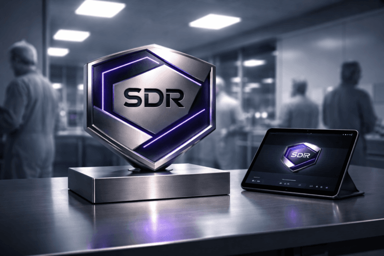 A photorealistic medium-wide cinematic shot, camera positioned approximately 1–2 meters from the subject, capturing a refined real-world hero object: a physical 3D isometric SDR brand emblem (12–18 cm), crafted as a polished anodized-aluminum core with matte polymer insets, embossed and printed logo visible and perfectly legible on the sculpture surface, mounted on a low cleanroom-grade stainless steel pedestal on a workbench; an adjacent tablet on the bench displays a small realistic product UI with the same logo on-screen (logo placement realistic, non-floating, non-dominant). The object integrates subtle electric-purple accents (Accent Color: #7B63FF) as thin LED edge-lighting and micro-reflective insets indicating intelligence or activity without overpowering realism. Set in a sterile ISO cleanroom environment reinterpreted with Tech‑Noir mood: matte white walls and stainless surfaces, controlled shadowed corners, restrained neon rim lighting in electric purple, and practical overhead white cleanroom panels; diverse technicians in full cleanroom suits appear naturally in the background/periphery, candid and softly blurred to remain secondary. Lighting is low-key and practical — soft, high-CRI white overhead panels plus a gentle integrated white spotlight from above and slightly to the side to reveal texture and depth, with subtle purple rim fill for accents. Cinematic photographic realism: 35mm/50mm lens look, medium-wide framing, shallow-to-medium depth of field (aperture ~f/2.8–4) to keep the emblem razor-sharp while softly separating background, natural filmic grain elimination, ultra-detailed material rendering (anodized metal, matte polymer, stainless steel, glass tablet). Color palette: neutral corporate tones (whites, cool grays, brushed metal) with restrained electric-purple highlights (#7B63FF). Style: photorealistic, high-end product photography with subtle Tech-Noir influence. Composition: clear subject hierarchy, emblem centered slightly left of frame on the bench, tablet angled toward camera, background activity balanced and unobtrusive. Constraints: no text overlays, no captions, no watermarks, no floating or glowing logos beyond subtle edge lighting, realistic scale and reflections, 8K, ultra-detailed.