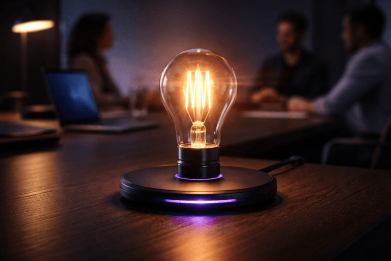 A photorealistic medium-wide cinematic shot, camera positioned approximately 1–2 meters from the subject, capturing a single retro A19 incandescent‑style LED filament bulb glowing intensely (warm filament glow with subtle pulsating light rays) seated on a circular matte‑black wireless charging pad used as a sleek display pedestal, the bulb and pad bearing refined electric purple accents (subtle LED ring and faint internal glow, Electric Purple #7B63FF) that indicate intelligence/activity without appearing digital or floating, clearly readable and physically plausible at 1–2 meters. Set in a modern tech‑noir corporate workspace: a dark wood meeting table with a minimal gradient backdrop and practical devices (laptop screens, a desk lamp) that provide controlled ambient light; natural human presence in the background or periphery — 2–3 diverse professionals in business‑casual attire, candid and out of focus, secondary to the object. Lighting is low‑key and practical with a soft integrated white spotlight from above or the side to gently reveal form, texture, and depth; restrained neon purple accents; warm filament highlights; soft reflections on premium glass and metal surfaces. Cinematic realism, 35mm photographic look, slight low angle, shallow‑to‑medium depth of field with the bulb and charging pad in razor‑sharp focus and background softly blurred, premium materials, ultra‑detailed, photorealistic 3D product render quality, 8K, no text, no captions, no watermarks.