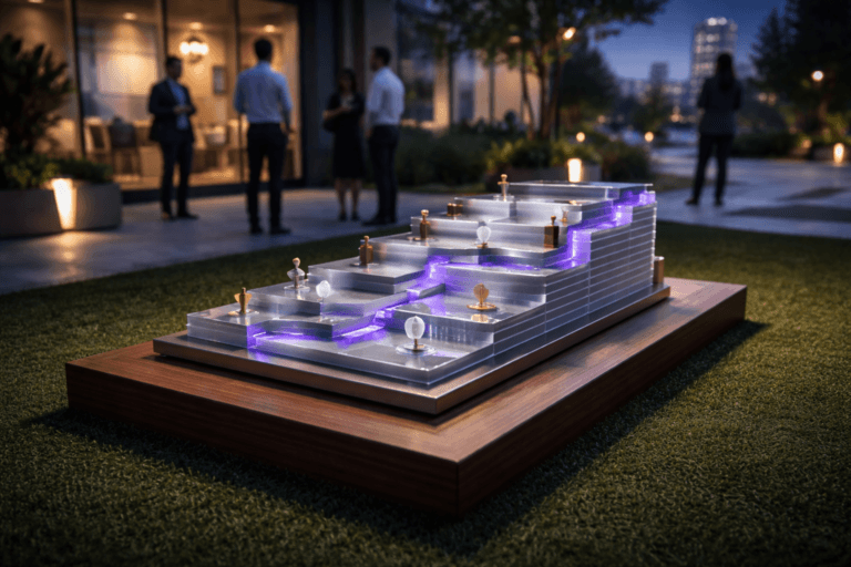 A photorealistic medium-wide cinematic shot, camera positioned approximately 1–2 meters from the subject, capturing a refined real-world hero object: a physical sculptural "product roadmap"—a 3D isometric tabletop sculpture ~70 cm wide composed of stacked frosted acrylic plates and matte anodized-aluminum rails that form a stepped timeline, populated with tactile markers (brass pins, small polished-wood prototype blocks, and inset glass LED nodes) — all elements immediately recognizable and readable at 1–2 meters; subtle, integrated electric-purple LED indicators (#7B63FF) trace activity along the rails without overpowering realism. The object sits on a low polished walnut plinth placed directly on vibrant, perfectly trimmed synthetic turf in a modern corporate courtyard at dusk — a believable real-world Tech-Noir environment: glass-front product studio and muted city skyline in the distance, low pedestrian traffic. Natural human presence in the background and periphery: 3–4 diverse product professionals in business-casual attire, candid postures, neutral expressions, casually interacting and glancing toward the sculpture (secondary, softly blurred). Lighting is low-key and practical — soft warm tungsten ambient from courtyard lamps, cool screen glows from distant laptops, and a controlled soft integrated white spotlight from above/side gently revealing form, texture, and depth; restrained neon purple rim-light accentuating edges and LEDs for a subtle Tech‑Noir feel. Camera: 35mm photographic look, slight 15° top-down tilt to emphasize the isometric geometry, medium-wide framing, natural shallow-to-medium depth of field (sculpture crisply in focus, background softly defocused), high dynamic range, photorealistic materials (frosted acrylic, matte metal, brass, walnut, synthetic grass) with ultra-detailed surface texture, premium finish, cinematic realism, neutral corporate palette (charcoal slate, warm wood, soft concrete) with restrained electric-purple accents, no captions or text on the object, no watermarks, no floating logos, minimal glow, ultra-detailed, 8K.