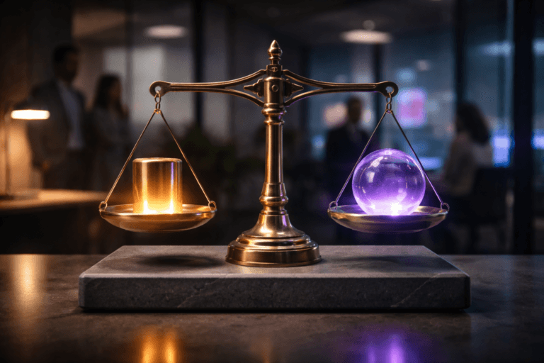 A photorealistic medium-wide cinematic shot, camera positioned approximately 1–2 meters from the subject, capturing a refined, physically plausible golden balance scale (antique-style precision desk scale) as the dominant hero object, with two clearly readable luminous weights: the left weight as "investment" — a polished brass cylinder with warm amber inner illumination, and the right weight as "return" — a translucent blown-glass orb with a subtle electric purple (#7B63FF) inner glow; both weights have refined machining details and tactile materials so they read easily from 1–2 meters. The scale rests on a matte gray soapstone slab (pedestal) with visible fine grain and soft edge chamfer. The object integrates subtle electric-purple accents indicating intelligence or activity (glow limited to the glass orb rim, tiny LED indicators in scale mechanism) without overpowering realism. Set in a modern corporate analytics workspace optimized for a Tech‑Noir mood: low-lit open meeting area with blurred dashboard monitors, a slim adjustable desk lamp, a frosted glass partition and distant city neon seen faintly through glass. Natural human presence in the background/periphery — three diverse professionals in business-casual clothing, candid postures, neutral expressions, slightly out of focus and secondary to the scale. Lighting is low-key and practical: soft integrated white spotlight from above/side gently revealing form and texture, warm practical lamp light on one side, subtle electric‑purple rim light reflecting off the glass orb, and controlled specular highlights on the gold. Composition is symmetrical and slightly elevated (tabletop height), medium-wide framing with a 35mm photographic look, camera at ~60–80 cm height, shallow-to-medium depth of field (scale sharply in focus, background with creamy bokeh). Color palette: neutral corporate tones (charcoal, slate gray, warm brass, soft ambers) with restrained neon accents and primary accent Electric Purple #7B63FF used sparingly. Level of realism: photorealistic, tactile surfaces (brushed gold, polished glass, matte soapstone), no surreal physics, realistic reflections and shadows, ultra-detailed material microtexture, cinematic color grading. Constraints: no text, no captions, no logos, no watermarks, people unbranded and non-identifiable, realistic proportions, avoid floating or implausible elements. Cinematic realism, natural depth of field, premium materials, ultra-detailed, 8K.