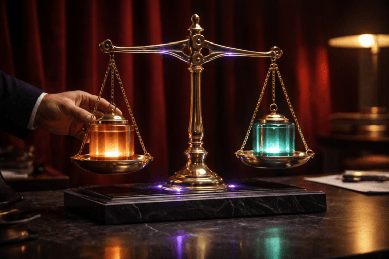 A photorealistic medium-wide cinematic shot, camera positioned approximately 1–2 meters from the subject, capturing a refined real-world golden balance scale (polished brass/gilded precision scale with visible pivot, calibrated arms and solid matching weights) as the dominant focal point — the two weights are physically plausible glass-encased metal masses with gentle internal illumination: the left weight emits a warm amber glow (investment) and the right weight emits a soft cool teal glow (return) — clearly readable within a realistic studio presentation on a low-profile dark marble plinth. The object integrates subtle electric-purple accents (#7B63FF) as thin rim-lighting along the scale arm and base and a faint purple grid reflection on the plinth surface to indicate intelligence/activity without overpowering realism. Set in a real deep-red velvet backdrop studio environment (rich velvet curtain with natural folds), with a blurred professional hand in a dark suit sleeve at the frame edge adjusting one weight and a couple of out-of-focus office elements in the periphery to ground the scene in a corporate/product-ROI context. Lighting is low-key and practical: a warm desk lamp to the right, a cool LED fill to the left, and a soft integrated white spotlight from above slightly angled to reveal form, texture, and depth; controlled specular highlights on the gilded metal, soft velvet falloff, and delicate glow from the illuminated weights. Camera: 35mm cinematic photographic look, medium-wide framing, aperture f/2.8–4 for shallow-to-medium depth of field, natural bokeh, 1–2 meter distance, realistic perspective, tripod-stable composition. Color palette: neutral corporate tones (deep charcoal, marble black, warm gold) with restrained neon accents (primary electric purple #7B63FF, plus warm amber and soft teal for the illuminated weights). Style and realism: cinematic photographic realism with subtle Tech‑Noir influence, premium product-photography finish, ultra-detailed materials and textures (polished metal, glass, marble, velvet), realistic reflections and soft shadow gradients. Constraints: no text, no captions, no logos, no watermarks, no exaggerated or floating glows — all light sources and glows must be physically plausible. Cinematic realism, natural depth of field, premium materials, ultra-detailed, 8K.