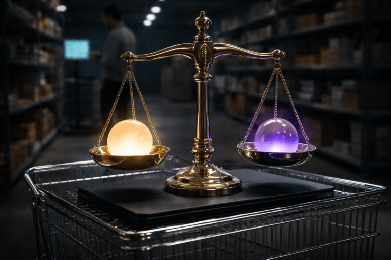 A photorealistic medium-wide cinematic shot, camera positioned approximately 1–2 meters from the subject, capturing a refined real-world hero object: a tabletop polished brass balance scale (heavy, tactile metal, realistic hinge and chain details) with two physically plausible glass/metal weights that read clearly from 1–2 meters — the left weight is warm-frosted glass with a subtle warm-white LED core (visually indicating investment) and the right weight is clear tempered glass with a restrained electric-purple (#7B63FF) LED halo inside (visually indicating return); the weights sit naturally in the scale pans (no floating elements), engraved fine detailing on the scale, no printed text. The scale is placed stably on a standard chrome wire shopping cart (retail cart), resting on a thin matte-black protective pad so placement appears realistic. The object integrates subtle electric-purple accents (rim lighting, internal LED cores) to indicate intelligence/activity without overpowering realism. Set in a believable Tech-Noir real-world environment: a dim, modern late-night retail checkout / e‑commerce fulfillment aisle with polished concrete floor, blurred shelving and stocked aisles, a distant analytics monitor on a rolling stand (screen intentionally unreadable), and a diverse staff member in business-casual attire using a tablet in the background or periphery (natural, candid posture, out of focus, no identifiable faces). Lighting is low-key and practical: cool overhead aisle lights, subtle practical light from the tablet and monitor, and a soft integrated white spotlight from above-right gently revealing form, texture, and depth; restrained electric-purple rim light accentuates edges. Camera & framing: medium-wide composition, 35mm photographic look, slight 10° downward angle, subject centered but with negative space to the right, natural shallow-to-medium depth of field (scale and weights tack-sharp, cart and background softly defocused). Color palette: neutral corporate grays, chrome and warm brass tones, soft teal fill, with restrained electric purple #7B63FF accents. Materials: polished brass, tempered glass, chrome wire, matte rubber mat, high-detail textures, subtle realistic reflections and tiny fingerprints. Level of realism: cinematic photographic realism, ultra-detailed, premium materials, photorealistic 8K. Constraints: no text overlays, no captions, no watermarks, no floating or surreal elements, no identifiable real individuals.