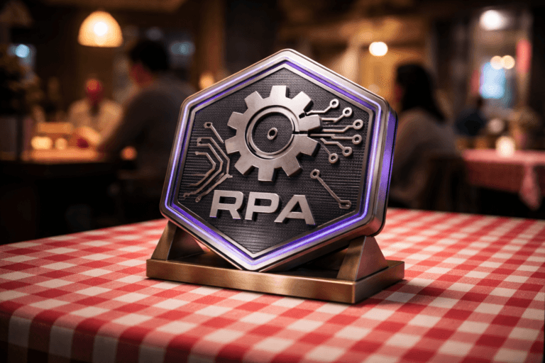 A photorealistic medium-wide cinematic shot, camera positioned approximately 1–2 meters from the subject, capturing a refined real-world hero object: a physical 3D isometric emblem representing "Robotic Process Automation" (fictional RPA emblem) clearly readable within a realistic environment. The emblem is a 25 cm wide, isometric metal plaque mounted on a low angled brass stand — brushed gunmetal surface with matte-black enamel inlays forming a gear-and-circuit motif, micro-engraved details and subtle machining marks; a narrow, recessed rim housing a soft electric-purple LED accent (HEX #7B63FF) that pulses very subtly to indicate activity without overpowering realism. The object integrates subtle electric-purple accents indicating intelligence or activity without overpowering realism. Set in an optimized real-world Tech-Noir environment: a cozy urban bistro/restaurant table with a classic red-and-white checkered tablecloth, warm wood grain visible at the table edge, blurred diners and staff in the mid-ground providing natural human presence and scale (diverse, candid, professional-casual), vintage pendant lamps and a distant window with muted city neon out of focus. Lighting is low-key and practical — warm tungsten pendant above left, a soft integrated white spotlight from the upper-right at a 30° angle to reveal metal texture and enamel depth, and a restrained electric-purple rim fill to emphasize the LED detail; soft ambient bounce from the table surface to maintain natural highlights. Camera and framing: medium-wide cinematic composition using a 35mm/50mm photographic look, camera ~1.5 meters from subject, slightly above table height (~30 cm), subject centered slightly off-axis, shallow-to-medium depth of field (f/2.8–f/4) keeping emblem razor-sharp and background gently blurred with pleasing bokeh. Color palette: neutral corporate tones (gunmetal, matte black, warm wood, cream, muted red tablecloth) with controlled electric-purple #7B63FF accents; premium materials and ultra-detailed surfaces — brushed metal grain, enamel gloss, woven fabric texture, soft brass patina. Level of realism: photorealistic cinematic, subtle Tech-Noir mood, natural human scale and interaction, no surreal elements. Constraints: no captions, no text overlays, no watermarks; logo is physically mounted and realistically integrated (no floating or oversized glow), human figures secondary and out of focus, ultra-detailed, 8K.