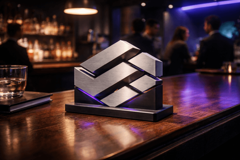 A photorealistic medium-wide cinematic shot, camera positioned approximately 1–2 meters from the subject, capturing a refined real-world hero object: a physical 3D isometric RudderStack logo sculpture (official RudderStack logo rendered as a solid tabletop emblem, ~25–30 cm wide, brushed aluminum faces with matte-black insets, precise isometric geometry, realistic machining marks and weight) clearly readable within a realistic environment. The sculpture sits on a polished dark wooden bar countertop (polished deep-walnut grain), integrated with subtle electric-purple LED insets (#7B63FF) along seams to indicate intelligence/activity without overpowering realism. Set in a stylish Tech‑Noir urban bar interior — low-key, lived-in atmosphere with a warm pendant lamp over the counter, a soft white spotlight from above at a 30° side angle highlighting form and texture, and a faint distant neon strip providing restrained purple rim light. Natural human presence in the background: diverse, professional-looking patrons and a bartender, candid and softly out of focus so they remain secondary to the hero object. Camera: 35mm photographic look, medium-wide framing at bar height, shallow-to-medium depth of field keeping the logo sculpture razor sharp while the bar interior blurs naturally. Materials and texture: ultra-detailed brushed metal, matte paint, lacquered wood reflections, soft LED diffusion, believable specular highlights and micro-scratches, natural contact shadows on the countertop. Composition details: sculpture slightly off-center on the bar edge, small leather notebook and a glass tumbler nearby for scale and realism, subtle reflections on the wood, and no floating elements or unnatural placement. Color palette: neutral corporate tones (charcoal, deep walnut, matte black) with restrained electric purple #7B63FF accents. Lighting: low-key and practical, warm ambient plus soft integrated white spotlight and subtle purple accents, controlled contrast to preserve brand readability. Cinematic realism, premium materials, ultra-detailed, 8K. Constraints: no captions, no text overlays, no watermarks, no visible UI text, avoid recognizable real individuals.