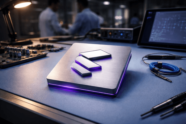 A photorealistic medium-wide cinematic shot, camera positioned approximately 1–2 meters from the subject, capturing a refined real-world hero object: a physical 3D isometric Runway brand emblem (official Runway logo precisely rendered and embossed on a 12 cm matte anodized aluminum plaque) placed flat on an anti-static light-blue hardware bench. The emblem is a manufactured, instantly recognizable object, shown at a slight isometric tilt (~30°) so the three-dimensional form and logo are clearly readable from 1–2 meters; engraved depth, brushed-metal edges, and subtle surface wear make it physically plausible. The object integrates subtle electric-purple accents (#7B63FF) as thin edge backlighting and a faint recessed-facet glow to indicate intelligence/activity without overpowering realism. Set in a modern Tech‑Noir electronics lab: a clean anti-static workbench with ESD mat (light-blue), precision screwdrivers, a partially assembled avionics PCB, a multimeter, a coiled grounding wrist strap, and a tablet to the side showing a schematic (tablet screen realistic, logo visible on device housing only). Natural human presence in the background/periphery: two diverse lab technicians in soft focus, wearing lab coats and ESD straps, candid neutral posture, not identifiable, secondary to the main object. Lighting is low-key and practical—a warm bench lamp, cool soft white overhead spotlight from the side, and a restrained purple rim light accent—creating controlled contrast, soft highlights on metal, and deep but natural shadows that emphasize texture. Cinematic realism with natural shallow-to-medium depth of field, 35mm photographic look, medium-wide framing, premium materials and ultra-detailed surfaces, studio-grade sharpness, 8K photoreal render. Color palette: neutral corporate grays and steel, light-blue ESD mat, restrained electric-purple accents (#7B63FF). Constraints: no captions, no text overlays, no watermarks, no floating or exaggerated glowing logos — logo must sit naturally on physical surfaces.