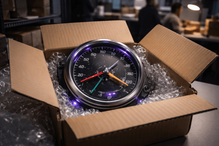 A photorealistic medium-wide cinematic shot, camera positioned approximately 1–2 meters from the subject, capturing a vintage analog automotive speedometer (real-world tactile object) — brushed steel bezel, clear optical glass crystal, matte black dial with engraved white numerals and fine concentric machining, and four distinct, color-coded needles (ruby red, teal, warm amber, and a subtle electric purple) each pointing to different values; the dial is sharp and clearly readable at 1–2 meters — the speedometer sits centered inside an open corrugated cardboard shipping box cushioned with translucent bubble wrap. The object integrates restrained electric-purple intelligence cues: a narrow recessed LED halo and faint PCB glow visible through vents in #7B63FF, suggesting active telemetry without floating or dominating the composition. Set in a realistic Tech‑Noir packing/fulfillment corner of a modern startup office — a packing table with neutral-toned surfaces, shelving with parcels and packing tape, and soft human presence in the background (diverse professionals in business-casual, candid and unidentifiable), providing believable context and scale. Lighting is low-key and practical: a warm desk lamp from the side, a soft integrated white spotlight from above/side gently revealing form and texture, and subtle electric‑purple rim lighting for accent; natural, believable reflections and micro-specular highlights on glass and metal, slight dust and micro-scratches for tactile realism. Composition: medium-wide, 35mm photographic look (optionally 50mm), slightly elevated eye-level angle (~20–30°) to show the full dial inside the box, shallow-to-medium depth of field with the speedometer crisply in focus and the background gently blurred. Color palette: neutral corporate tones with restrained neon accents, primary accent electric purple (#7B63FF) used subtly. Style: cinematic photographic realism with a subtle Tech‑Noir influence, premium materials, ultra-detailed, 8K. Constraints: no text, no captions, no logos, no watermarks, no floating elements; humans secondary to the main object; realistic contact shadows and physical interaction with the bubble wrap.