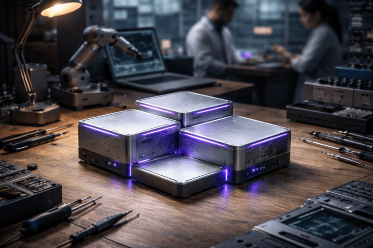 A photorealistic medium-wide cinematic shot, camera positioned approximately 1–2 meters from the subject, capturing a refined real-world hero object: a desktop-scale, physically plausible 3D isometric sculpture representing a SaaS platform — three interlocking polished-brushed aluminum and frosted-acrylic "server" blocks arranged in an isometric composition (approx. 30 cm wide), engraved fine circuit traces and recessed ports, micro-LED indicators and subtle embedded fiber-optic veins, tactile surface finish (polished metal, matte anodized edges, frosted acrylic faces) that read clearly at 1–2 meters, no text or floating elements. The object integrates subtle electric-purple accents (#7B63FF) as thin edge lighting and small status LEDs indicating intelligence or activity without overpowering realism. Set in a professional robotics assembly bench inside a modern industrial R&D lab: wooden and metal bench with scattered real tools (screwdrivers, calipers, soldering iron, parts trays), a small articulated robotic arm fixture, an open laptop and diagnostic tablet on the bench (screens show abstract UI — no legible text or logos), and neatly organized component bins. Natural human presence: two diverse technicians in the background and periphery, candid postures, neutral expressions, wearing lab jackets — intentionally out of focus to remain secondary. Lighting is low-key and practical: adjustable bench lamp and monitor glow, warm tungsten from a work lamp, controlled cool ambient from overhead fixtures, complemented by a soft integrated white spotlight from above-left that sculpts form and reveals texture; restrained electric-purple rim lighting provides Tech‑Noir accent. Camera and framing: medium-wide framing, 35mm photographic look, camera ~1.5 meters from object, eye-level to slightly elevated angle, shallow-to-medium depth of field with soft bokeh on background technicians and tools, crisp focus on the sculpture. Color palette: neutral corporate tones (charcoal, steel, warm wood) with restrained neon accents — primary accent Electric Purple #7B63FF, secondary accents cyan and soft amber. Visual style: cinematic photographic realism with subtle Tech‑Noir influence, ultra-detailed surfaces, realistic dust and micro-scratches on bench, believable scale and shadows. Render: photorealistic, premium materials, natural reflections, volumetric subtle air particles around bench, ultra-detailed, 8K. Constraints: no captions, no text overlays, no watermarks, no floating logos, no surreal or impossible elements.