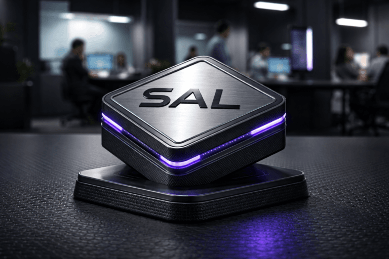A photorealistic medium-wide cinematic shot, camera positioned approximately 1–2 meters from the subject, capturing a physical 3D isometric SAL brand logo rendered as a tangible premium emblem — a stacked isometric badge (approx. 25–30 cm) made of brushed aluminum and matte-black polymer, the SAL mark embossed and clearly readable on the metal face, mounted on a low pedestal with a coin-tread black rubber base. The object integrates subtle electric-purple edge LEDs (HEX #7B63FF) and micro-etched circuit-line accents to indicate intelligence or activity without overpowering realism; LEDs are restrained and physically embedded, no floating or oversized glow. Set in a minimalist tech-noir product studio: matte black coin-pattern rubber anti-slip floor (piso moeda), low-reflective charcoal walls, a distant blurred open-office periphery with diverse professionals in candid, neutral postures (secondary, out-of-focus), and a small vertical monitor and practical desk lamp providing believable scene light sources. Lighting is low-key and practical, complemented by a soft integrated white spotlight from above slightly off-axis to reveal form and texture, subtle rim fill from a thin purple LED strip, and gentle cool screen glows for depth; soft, natural shadows and specular highlights on metal. Cinematic photographic realism, 35mm/50mm lens aesthetic (choose 35mm for slightly wider context), medium-wide framing, camera height eye-level slightly elevated, shallow-to-medium depth of field (focus plane on emblem, soft bokeh in background), f/2.8–f/4 feel. Color palette: neutral corporate tones (graphite, charcoal, steel) with restrained electric purple (#7B63FF) accents and cool cyan secondary fills. Materials: ultra-detailed brushed metal, anodized edges, matte rubber texture, visible machining and micro-surface detail. Humans realistic and non-identifiable, skin tones natural, clothing professional-casual, positioned in background or periphery. Constraints: photorealistic, no text overlays or captions on the image, no watermarks, logo placement realistic and integrated (on emblem/pedestal), no floating or disembodied elements, high consistency and brand-safe aesthetic, ultra-detailed, 8K.