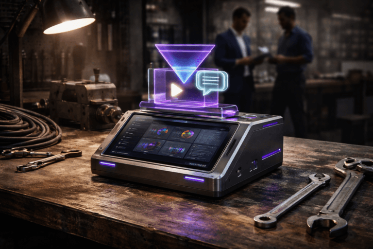 A photorealistic medium-wide cinematic shot, camera positioned approximately 1–2 meters from the subject, capturing a tactile "Sales Enablement Workbench Module" — a physically plausible 25–30 cm anodized-aluminum field device sitting on a worn oil-stained wooden mechanic's bench, featuring an angled 8" glossy tablet showing a stylized CRM dashboard (UI visible but no readable text), and a precision-cut isometric acrylic sculpture mounted on top (stacked semi-translucent tiles in recognizable shapes: funnel, play triangle, chat bubble) — the entire object is the single dominant focal point and is clearly readable within a realistic environment. The object integrates subtle electric-purple accents indicating intelligence or activity without overpowering realism. Set in an industrial Tech‑Noir mechanic's workbench: oil-stained bench surface, scattered hand tools (wrenches, pliers), a metal vice, coiled cables, pegboard and concrete wall in soft focus, a hanging adjustable metal task lamp and practical workshop clutter that create a lived-in atmosphere. Natural human presence in the background or periphery: two diverse professionals (one business-casual, one mechanic) slightly out of focus, candid neutral expressions, interacting with a tablet or clipboard — clearly secondary to the main object. Lighting is low-key and practical: warm task lamp to the left, soft tablet/screen emission, subtle strip LEDs, complemented by a soft integrated white spotlight from above-right that gently reveals form, texture and depth, plus restrained electric-purple (#7B63FF) rim lighting in recessed seams and thin edge LEDs to signal activity. Cinematic photographic realism, 35mm lens look, medium-wide framing, camera approximately 1.5 meters from the subject, slight high-angle eye level, shallow-to-medium depth of field with the workbench module in sharp focus and the workshop softly blurred; premium materials (anodized aluminum, brushed steel, matte acrylic), hyper-detailed textures (oil stains, metal scratches, fingerprints, dust), realistic reflections and believable scale. Color palette: neutral corporate tones (charcoal, warm wood, brushed steel) with restrained neon accents — primary electric purple #7B63FF and subtle cyan highlights — balanced to preserve brand-safe Tech‑Noir mood. No text, no captions, no logos, no watermarks, no floating or surreal elements. Cinematic realism, natural depth of field, premium materials, ultra-detailed, 8K.