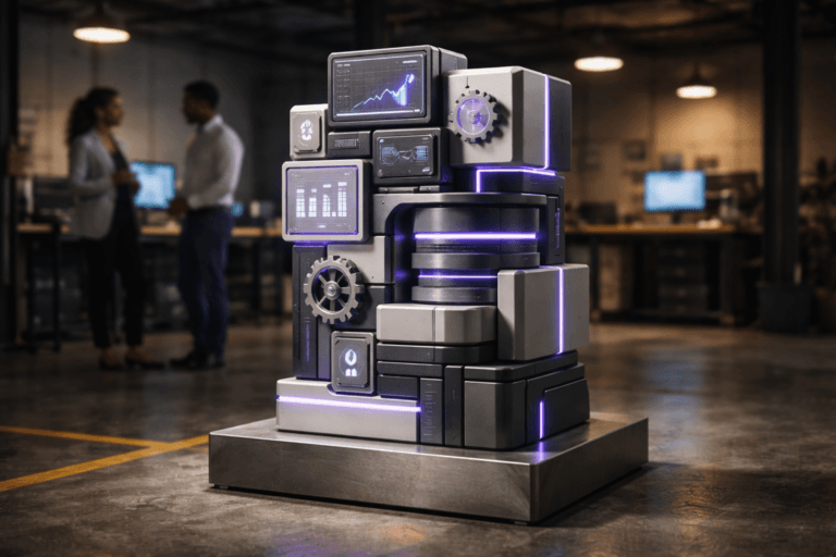 A photorealistic medium-wide cinematic shot, camera positioned approximately 1–2 meters from the subject, capturing a refined real-world hero object: a physical Sales Ops sculpture — a 1.0 m tall, isometric-inspired 3D assemblage of stacked modular blocks and interlocking plates (dashboard-like panels, data-stack tiers, gear-connector motifs) realized as a tangible sculpture made from brushed aluminum, matte powder-coated polymer, tempered glass insets and precision-machined steel, mounted on a low industrial steel plinth resting on a polished factory concrete floor with yellow safety/safety-stripe markings; the sculpture is instantly readable at 1–2 m, clean geometry, clear silhouettes, no text or alphanumeric labels. The object integrates subtle electric-purple accents (#7B63FF) as thin embedded LED seams and restrained edge rim-lighting to indicate intelligence/activity without overpowering realism. Set in an optimized real-world Tech-Noir industrial loft environment — polished concrete floor with painted yellow safety stripes, exposed steel beams, distant workbenches and tool racks, faint monitors and control panels in the midground — with natural human presence in the background/periphery: two diverse professionals in business-casual, candid postures, neutral expressions, slightly out of focus and secondary to the sculpture. Lighting is low-key and practical: overhead industrial pendant lights and wall-mounted task lamps, a soft integrated white spotlight from above/side gently revealing form, plus a subtle purple rim light for Tech-Noir mood; realistic contact shadows, soft reflections on metal and glass, and controlled specular highlights to show materiality. Camera: medium-wide framing, 35mm photographic look, ~f/2.8 for shallow-to-medium depth of field, camera height ~1.2 m, slight three-quarter angle to emphasize isometric geometry, natural perspective, no extreme distortion. Color palette: neutral corporate tones (charcoal, graphite, cool steel, warm concrete) with restrained neon accents (electric purple #7B63FF primary, small cyan teal as secondary), overall low saturation with high material contrast. Level of realism: photorealistic, tangible materials, real-world physics, no surreal floating elements. Constraints: no text, no captions, no visible logos, no watermarks, no excessive bloom or unreal glow, no impossible lighting; produce ultra-detailed render with crisp microtexture, visible machining and paint finish, cinematic realism, natural depth of field, premium materials, ultra-detailed, 8K.