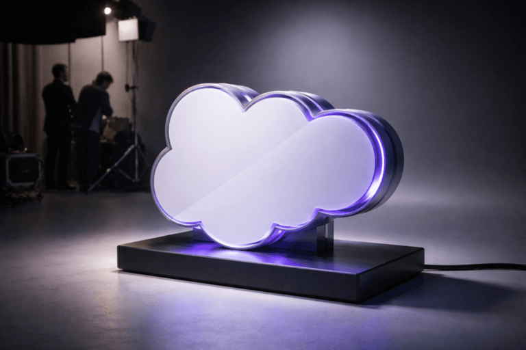 A photorealistic medium-wide cinematic shot, camera positioned approximately 1–2 meters from the subject, capturing a refined real-world hero object: a physical 3D isometric sculpture of the official Salesforce cloud logo (clearly readable and realistically scaled at ~40 cm), rendered as a tactile studio prop — glossy white acrylic top faces, semi-translucent inner layers, brushed aluminum chamfered edges, mounted on a low matte-black pedestal with discreet cable channel; the logo includes subtle embedded LED accents in Electric Purple #7B63FF along internal seams and a soft internal glow (realistic, not floating or overpowering), small realistic mounting hardware visible, no floating elements. The object integrates subtle electric-purple accents indicating intelligence or activity without overpowering realism. Set in a professional photography cyclorama studio with an infinity curve and a restrained Tech‑Noir treatment: deep neutral backdrop gradient (soft charcoal to near-black), practical grip gear visible at the periphery, two photo crew members in the background (diverse, candid, out-of-focus) adjusting lights and a reflector to convey a lived-in studio environment. Lighting is low-key and practical — soft integrated white spotlight from above at a 30° side angle to reveal texture and depth, low-intensity rim LEDs providing cool blue and the primary Electric Purple #7B63FF accents, gentle fill from a warm practical lamp to preserve corporate neutral tones. Camera and framing: medium-wide composition, 35mm photographic look, camera ~1.5 m from subject, slight isometric tilt (approx. 30° rotation) to emphasize the isometric geometry, aperture f/2.8 for shallow-to-medium depth of field, natural bokeh on background crew and equipment, low ISO, high dynamic range, color-graded for cinematic realism with neutral corporate palette and restrained neon accents. Materials and detail: ultra-detailed surface microtexture, realistic reflections, subtle dust and fingerprints on pedestal edges for authenticity, soft specular highlights on acrylic, believable shadow contact with cyclorama floor. Level of realism: photorealistic, cinematic photographic realism with subtle Tech‑Noir influence, premium materials, ultra-detailed, 8K. Constraints: include the official Salesforce logo as a physical prop only (no floating logos), no captions, no text overlays, no watermarks, no brand elements glowing excessively.