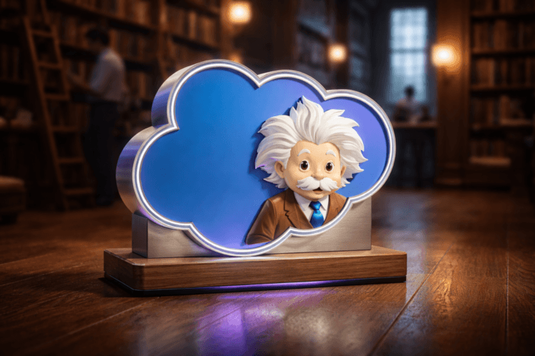 A photorealistic medium-wide cinematic shot, camera positioned approximately 1–2 meters from the subject, capturing a refined, physical 3D isometric Salesforce Einstein emblem (official Salesforce cloud + Einstein motif) as the hero object — a freestanding plaque ~30–35 cm wide, precision-crafted in brushed aluminum and matte enamel with a shallow solid oak base, rendered as a believable real-world object and clearly readable from 1–2 m. The emblem includes a very subtle edge-inset LED rim and micro-reflections in Electric Purple #7B63FF to suggest intelligence/activity without glowing or floating; no exaggerated glow, no floating elements. Set on the wooden floor of an old, lived-in library with polished hardwood planks, tall oak bookshelves and a rolling library ladder in the background, warm desk lamps and narrow high windows admitting soft daylight and visible dust motes — Tech-Noir mood achieved through restrained neon accents and low-key controlled ambient. Natural human presence: one or two diverse, professional people in the background browsing or consulting notes, candid posture, neutral expressions, slightly out of focus and secondary to the emblem. Lighting is low-key and practical (desk lamps, window light), complemented by a soft integrated white spotlight from above/side that gently sculpts the emblem’s form, texture, and depth; subtle purple reflections on the floor and base tie into the accent color without overpowering realism. Camera: 35mm cinematic look, medium-wide framing, slight low angle to emphasize isometric geometry, shallow-to-medium depth of field, natural bokeh on shelves, ultra-detailed materials and surface textures, photorealistic rendering, HDR lighting, premium cinematic grading, 8K. Constraints: no captions, no text overlays, no watermarks, logo placement realistic and non-dominant.