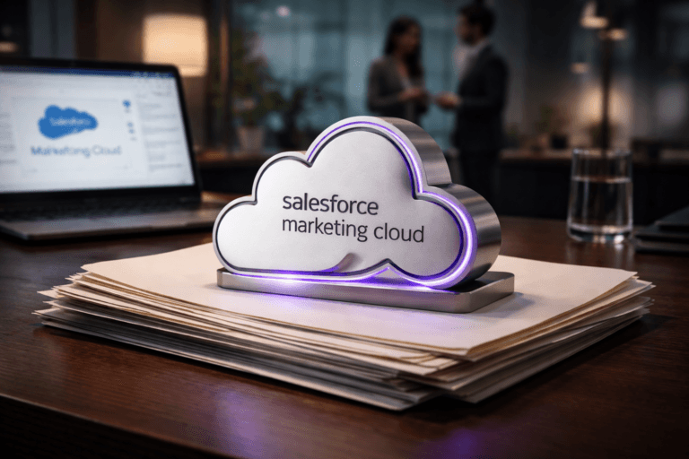 A photorealistic medium-wide cinematic shot, camera positioned approximately 1–2 meters from the subject, capturing a refined real-world hero object: a physical 3D isometric Salesforce Marketing Cloud desk emblem (official Salesforce Marketing Cloud logo rendered as a polished 3D isometric model — matte white cloud form with soft-anodized aluminum insets, approx. 10–15 cm, laser-etched official mark visible and realistically mounted as a freestanding desk plaque) resting naturally on a neat stack of manila folders and organized documents; the emblem is instantly readable from 1–2 meters, stable on the paper stack (no floating). The object integrates subtle electric-purple accents (#7B63FF) — a narrow LED rim and faint base underglow to indicate activity — restrained and non-dominant, preserving material realism. Set in a modern corporate Tech‑Noir executive desk environment: dark wood desk, glass partition, an open laptop in the midground showing a softly blurred Marketing Cloud dashboard (logo visible on screen in realistic placement), a warm desk lamp and a glass of water, with two diverse professionals in smart-casual business attire conversing in the background, candid and slightly out of focus to remain secondary. Lighting is low-key and practical: laptop screen and desk lamp provide local highlights, complemented by a soft integrated white spotlight from the side gently revealing form, texture, and depth; subtle purple accent reflections on nearby surfaces. Cinematic photographic realism, neutral corporate color palette (charcoal, slate, warm wood, manila) with restrained electric-purple highlights, 35mm photographic look, medium-wide framing, shallow-to-medium depth of field, natural bokeh on background figures, premium materials and tactile surface detail, ultra-detailed, 8K. No captions, no text overlays, no watermarks, no excessive glow or floating logos, logo placement fully realistic.