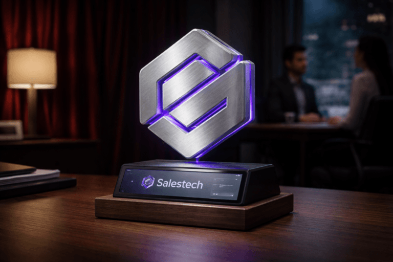 A photorealistic medium-wide cinematic shot, camera positioned approximately 1–2 meters from the subject, capturing a single dominant, physically plausible hero object: a polished brushed-aluminum 3D isometric Salestech logo sculpture (about 30 cm tall) mounted on a matte black walnut base, with the Salestech logo realistically embossed on the front face and a small tablet at the base showing a muted UI mockup with the same logo (logo placement realistic on sculpture and tablet). The object integrates subtle electric-purple accents (#7B63FF) as thin inset light channels and a small status LED to indicate intelligence/activity without overpowering realism. Set in a premium product-photography corporate studio with a real deep-red velvet backdrop draped behind a dark walnut executive desk, slight hint of an urban office skyline through a distant high window, and two blurred, diverse professionals in the periphery to imply human context (candid, neutral expressions). Lighting is low-key and practical: a warm desk lamp and a dim window daylight rim, tablet screen glow as a practical fill, plus a soft integrated white spotlight from above at a 30° angle to gently reveal form, texture, and depth; add a restrained electric-purple rim light on one side for tech-noir accent. Cinematic photographic realism, 35mm lens look, medium-wide framing, shallow-to-medium depth of field, premium materials (brushed metal, polished acrylic, real velvet), ultra-detailed surface textures, natural reflections and subtle grain, no floating or oversized glow, no text overlays, no captions, no watermarks. Ultra-detailed, photorealistic, 8K.