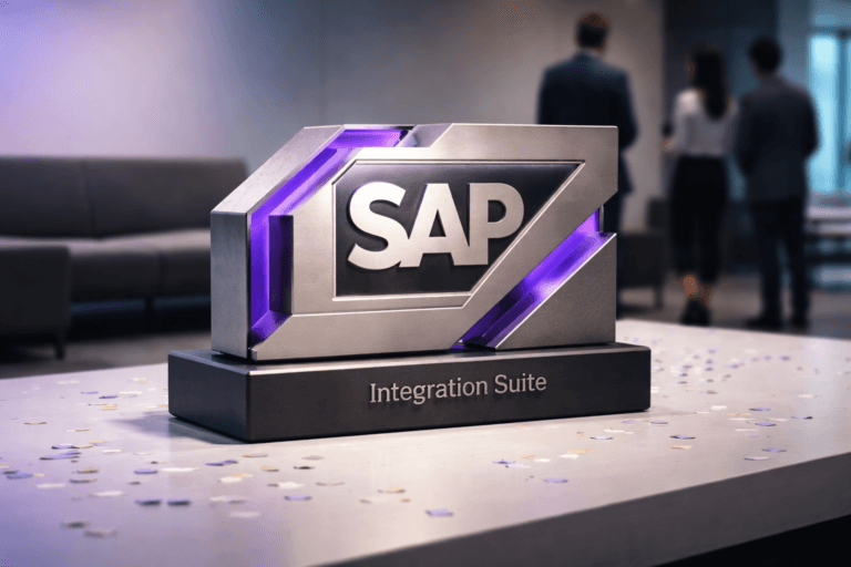 A photorealistic medium-wide cinematic shot, camera positioned approximately 1–2 meters from the subject, capturing a refined, physically plausible 3D isometric desk sculpture of the SAP Integration Suite logo: a high-quality fabricated emblem — brushed stainless steel SAP logo inset into a matte-acrylic isometric block with a subtle engraved "Integration Suite" wordmark on the metal face, mounted on a low matte-black pedestal so the logo reads clearly at 1–2 meters; the sculpture is detailed with fine machining marks, realistic weighty materials and restrained electric purple accent channels (#7B63FF) recessed into the isometric facets to indicate intelligence and activity without glow or floating effects. The object sits naturally on a pristine white showroom floor scattered with real paper confetti (post-launch celebration), placed in a modern corporate product demo studio — minimalist gradient wall, low bench and a few professionals in business-casual attire in the background, candid and secondary to the hero object. Lighting is low-key and practical: soft integrated white spotlight from above/side gently revealing form and texture, complemented by subtle LED strip bounce and a distant screen lamp to create controlled tech-noir accents; reflections are realistic and physically plausible. Visual style: cinematic photographic realism with subtle Tech-Noir influence, neutral corporate tones with restrained neon accents (primary accent Electric Purple #7B63FF). Camera/framing: medium-wide composition, 35mm photographic look, natural shallow-to-medium depth of field, subject centered but with negative space to the right, slight low angle to emphasize presence. Materials and details: ultra-detailed brushed metal, matte acrylic, paper confetti fibers, soft fabric textures on background furniture, photoreal skin tones on people, accurate shadow contact. Render and finish: photorealistic, filmic color grading, high dynamic range, cinematic bokeh, ultra-detailed, 8K. Constraints: no captions, no text overlays beyond the realistic logo wordmark on the plaque, no watermarks. Cinematic realism, natural depth of field, premium materials, ultra-detailed, 8K.