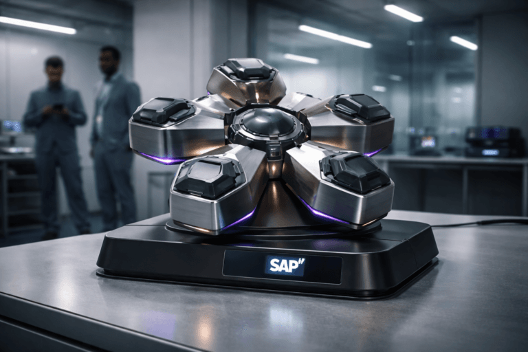 A photorealistic medium-wide cinematic shot, camera positioned approximately 1–2 meters from the subject, capturing a refined real-world hero object: a desk-scale physical prototype sculpture representing SAP Joule — a polished, modular hub-and-spoke 3D isometric sculpture made from brushed titanium and matte anodized aluminum with layered hexagonal plates, smoked-glass sensor nodes and precision-milled vents, mounted on a low-profile matte-black base with a discreet integrated 2.8" OLED panel that realistically displays the SAP logo (white on dark background) on a tablet-like inset; the sculpture is clearly readable at 1–2 meters and sized like a premium corporate desk artifact. The object integrates subtle electric purple accents (#7B63FF) via edge-lit seams and tiny status LEDs, plus restrained warm metal highlights, indicating intelligence/activity without overpowering realism. Set in a believable Tech‑Noir cleanroom lab: a modern sterile engineering bay with anti‑static flooring, soft white walls, glass observation window, and practical fixtures; low-key ambient with a soft integrated white spotlight from above/side gently revealing form and texture, complemented by subtle purple rim LEDs and faint cool blue fill to create a cinematic Tech‑Noir mood. Natural human presence in the background/periphery: two diverse engineers in cleanroom attire (neutral expressions, candid posture) observing from 3–5 meters away, one holding a tablet showing interface reflections on the glass — humans are secondary and slightly out of focus. Camera: 35mm cinematic photographic look, medium-wide framing, shallow-to-medium depth of field (sculpture sharply in focus, background softly blurred), low camera angle at chest height, natural perspective distortion appropriate for 1–2 m distance. Color palette: neutral corporate grays, brushed metal and smoke glass, with restrained electric purple accents and warm specular highlights. Lighting: controlled practical sources only (overhead spotlight, LED strips, tablet/screen glow), soft shadows, subtle specular reflections to reveal premium materials and texture. Style and render: photorealistic, cinematic, ultra-detailed materials (brushed metal grain, micro-scratches, glass clarity), professional-grade studio capture, realistic reflections and global illumination, no surreal effects. Constraints: include SAP logo only on the integrated OLED panel or etched plaque, no floating or glowing logos, no text overlays, no captions, no watermarks, no brand misuse. Ultra-detailed, production-ready, 8K.