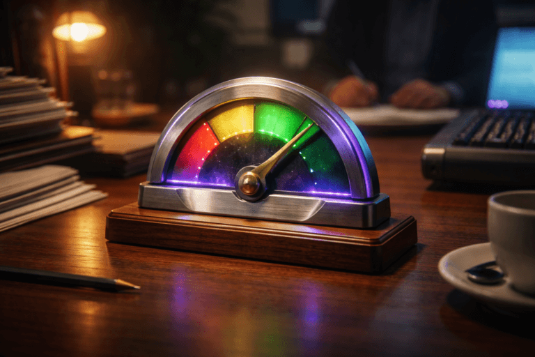 A photorealistic medium-wide cinematic shot, camera positioned approximately 1–2 meters from the subject, capturing a refined, physically plausible desktop trophy: a polished, isometric-inspired satisfaction gauge sculpture — semicircular brushed aluminum frame with faceted surfaces, a clear purple-tinted resin inlay, three recessed segmented insets (green/amber/red) and a small brass needle pointing to the green zone; mounted on a matte walnut base with precision-machined joints — clearly readable and tactile at 1–2 m. The object integrates subtle electric-purple accents indicating intelligence or activity (edge-lighting and faint internal glow using electric purple #7B63FF) without overpowering realism. Set in a lived-in tech-noir accountant's office environment: a warm wood desk with scattered ledgers, a vintage mechanical adding machine / comptometer to the right, a graphite pencil, a porcelain coffee cup, and a dim laptop screen casting a soft cold glow (no legible text). Natural human presence is present but secondary — blurred accountant's hands writing in the background and a seated figure out of focus at the desk periphery. Lighting is low-key and practical: a warm filament desk lamp to the side, subtle cool monitor glow, and a soft integrated white spotlight from above at a shallow angle to reveal texture and depth on metal, resin, and wood. Visual style: cinematic photographic realism with subtle Tech-Noir influence, restrained neon accents, neutral corporate tones with electric-purple highlights. Camera & framing: medium-wide composition, 35mm cinematic lens look, slight low-angle (~10°), aperture around f/2.8 for shallow-to-medium depth of field, natural bokeh, precise focus on the trophy. Materials and finish: ultra-detailed brushed aluminum, translucent resin with inner microbubbles, solid walnut wood base, fine machining marks visible on close surfaces. Color palette: warm wood and brass, neutral grays and slate, muted greens/ambers for the gauge, restrained electric purple (#7B63FF) as accent. Level of realism: photorealistic, commercially styled prop — no surreal elements. Constraints: no text, no captions, no legible UI on screens, no floating or glowing logos, no watermarks, no identifiable real people. Cinematic realism, natural depth of field, premium materials, ultra-detailed, 8K.