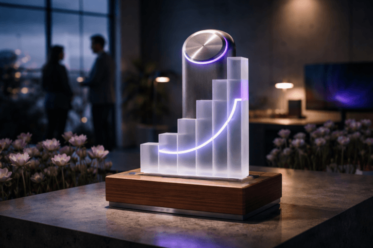 A photorealistic medium-wide cinematic shot, camera positioned approximately 1–2 meters from the subject, capturing a refined, real-world hero object clearly readable within a realistic environment: a 35–45 cm tall tabletop sculpture that physically represents "User Satisfaction" — an isometric, 3D-printed stacked-block form constructed from interlocking translucent acrylic blocks (matte frosted edges, glossy faces) arranged as ascending bars that subtly form an abstract smiling curve; the top element is a polished brushed-aluminum dial with fine engraved tick marks and a thin LED indicator ring that emits a restrained Electric Purple (#7B63FF) pulse to indicate activity; sculpture sits on a low warm-walnut pedestal with a minimal metal trim, scale and detail readable from 1–2 meters. The object integrates subtle electric-purple accents indicating intelligence or activity without overpowering realism. Set in a contemporary industrial design gallery/studio optimized for a Tech‑Noir mood: polished concrete floor, high ceilings, soft urban dusk visible through floor-to-ceiling windows, and a curated installation of stylized low‑poly flowers (matte polymer sculptures arranged like a small field) surrounding the display area to echo the original "campo de flores" concept while remaining lived-in and believable. Natural human presence in the background/periphery: two diverse professionals in business-casual attire, candid posture, neutral expressions, slightly out of focus to keep the sculpture dominant. Lighting is low-key and practical — subtle LED strips in warm white and a restrained Electric Purple accent within the installation, practical desk lamps and a nearby monitor providing ambient glow — complemented by a soft integrated white spotlight from above and side that gently sculpts form, reveals texture and depth, and creates controlled specular highlights on acrylic and metal. Cinematic photographic realism: 35mm or 50mm lens look, medium-wide framing, natural shallow-to-medium depth of field (approx f/2.8–f/4), minimal filmic grain, high dynamic range, neutral corporate tones with restrained neon accents, premium materials and ultra-detailed surface texture (brushed metal, frosted acrylic, warm wood grain). No captions, no text overlays, no watermarks, photorealistic, ultra-detailed, 8K.