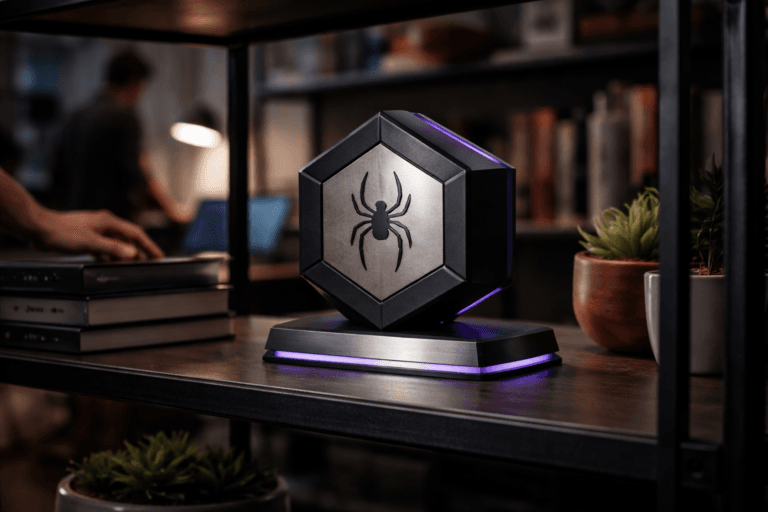 A photorealistic medium-wide cinematic shot, camera positioned approximately 1–2 meters from the subject, capturing a physical 3D isometric Scrapy logo emblem as the refined real-world hero object: a precision 3D‑printed sculpture with clean isometric facets, matte‑black body, etched official Scrapy spider mark inset in brushed steel on the front face, mounted on a low-profile brushed-aluminum base with a recessed thin LED rim emitting a restrained electric purple #7B63FF accent; the logo is clearly readable and realistically seated on the shelf (no floating logos). The object integrates subtle electric‑purple accents indicating intelligence or activity without overpowering realism. Set in a modern tech‑noir bookshelf environment: an open industrial metal shelving unit in a contemporary home/office studio, arranged between stacked technical books (titles intentionally out of focus), small ceramic and terracotta succulents, a warm brass adjustable desk lamp, and a closed laptop with faint screen glow — lived‑in but tidy, believable and practical. Include natural human presence in the background/periphery: an out‑of‑focus, diverse person at a standing desk and a blurred hand reaching toward a book, candid and non‑identifiable, secondary to the main object. Lighting is low‑key and practical — warm lamp fill, laptop screen rim glow, subtle recessed purple LED accent on the base, complemented by a soft integrated white spotlight from above‑left that gently reveals form, texture, and micro‑details (prints, metal grain, plant texture). Cinematic photographic realism with a slight tech‑noir mood, neutral corporate palette (charcoal, matte black, brushed aluminum, warm wood) with restrained neon accents, 35mm cinematic lens look, shallow‑to‑medium depth of field, slight low angle, natural bokeh, premium materials, ultra‑detailed surface microtexture, photorealistic, 8K. No captions, no text overlays on the image, no watermarks, no exaggerated glow; logo placement and scale are realistic and physically grounded.