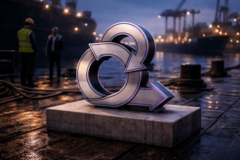 A photorealistic medium-wide cinematic shot, camera positioned approximately 1–2 meters from the subject, capturing a refined real-world hero object: a physical 3D isometric sculpture of the official Scrum logo — crafted as a tactile geometric emblem in brushed aluminum and matte black with precision-machined edges, mounted securely on a low concrete plinth at the edge of a working harbor dock. The sculpture reads clearly at 1–2 meters, with subtle electric purple (#7B63FF) inlaid edge accents and restrained recessed LED trim that indicate intelligence/activity without glowing excessively. Set in a realistic Tech‑Noir harbor dock environment at twilight — weathered wooden planks, wet from recent spray, heavy mooring bollards (ship mooring cabeços) and steel cleats in the foreground, a moored cargo vessel and distant container cranes softly lit in the background. Natural human presence: two dock workers in high-visibility safety gear and a supervisor in business-casual attire stand in the periphery, candid and diverse, neutral expressions, slightly out of focus to remain secondary. Lighting is low-key and practical: warm amber dock lights, cool ship deck spotlights, and a soft integrated white spotlight from the side above the sculpture that sculpts form, texture and depth; subtle purple rim reflections on nearby metal surfaces to reinforce the accent color. Composition: medium-wide, 35mm/50mm cinematic photographic look, shallow-to-medium depth of field with the logo sharply in focus and a natural bokeh of harbor activity behind. Materials and texture: ultra-detailed brushed metal, anodized paint, damp wood grain, salt spray droplets, fine surface wear and realistic cast shadows. Visual style: cinematic photographic realism with a subtle Tech‑Noir influence, neutral corporate palette with restrained neon accents, premium commercial finish. Framing: logo centered-left on the plinth, bollards and dock elements leading the eye, human figures placed on thirds for scale. Render: photorealistic, ultra-detailed, 8K. Constraints: no captions, no text overlays, no watermarks, logo placement realistic and non-floating, no excessive glow.